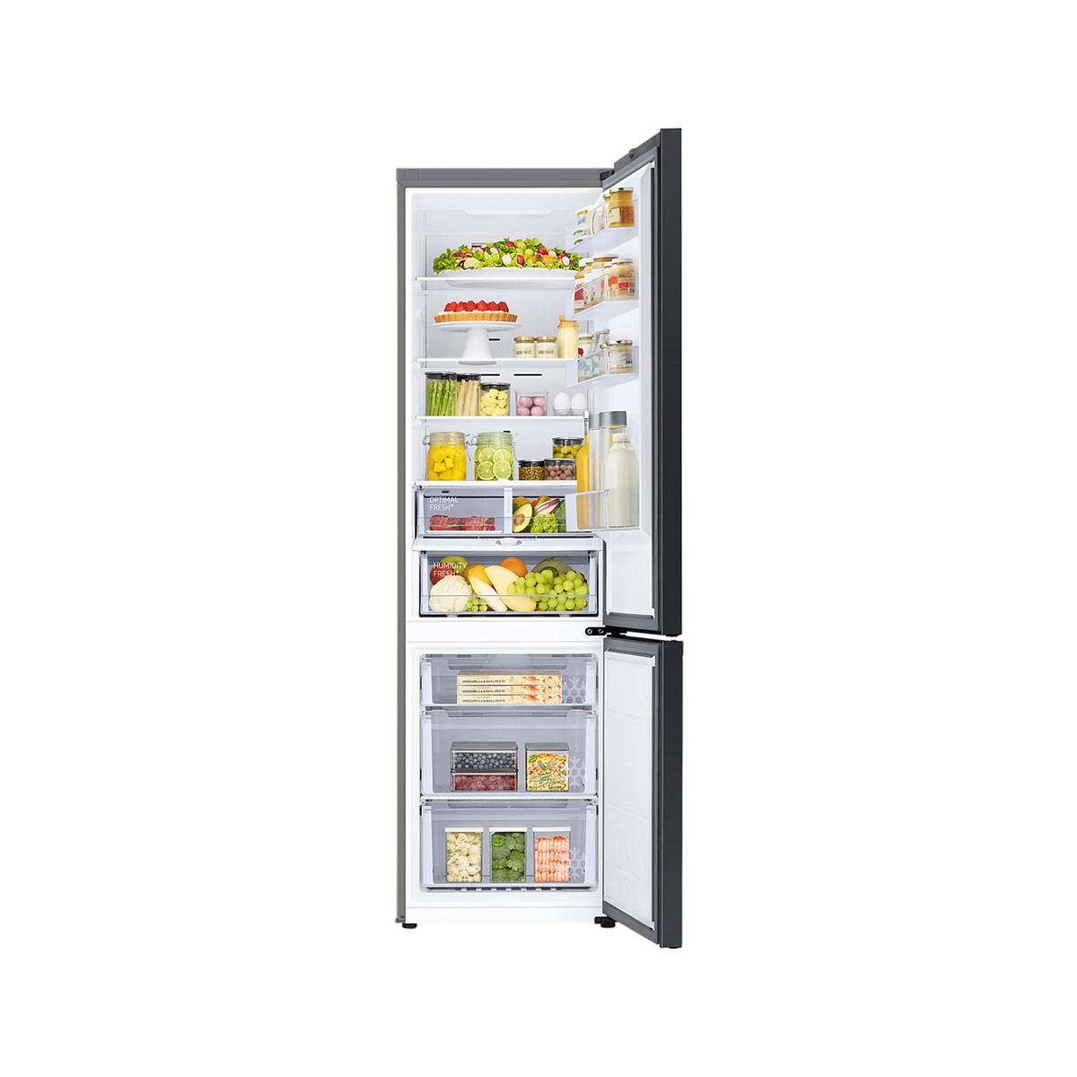 Refrigerador con puertas abiertas. Tiene estantes con artículos dentro.