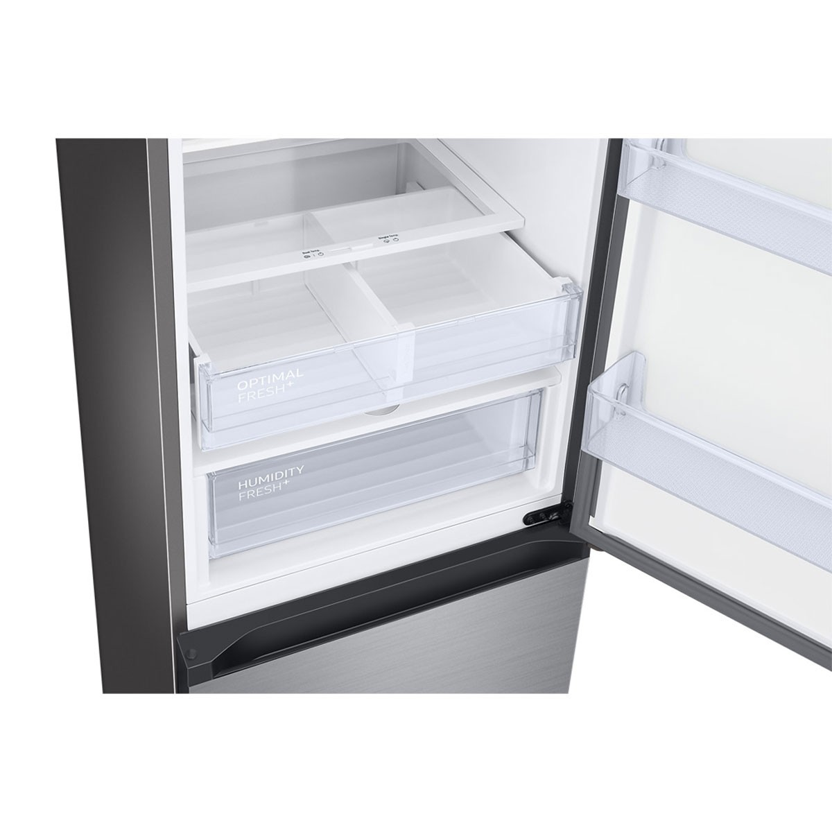 Refrigerador blanco con pantalla digital, dos puertas.