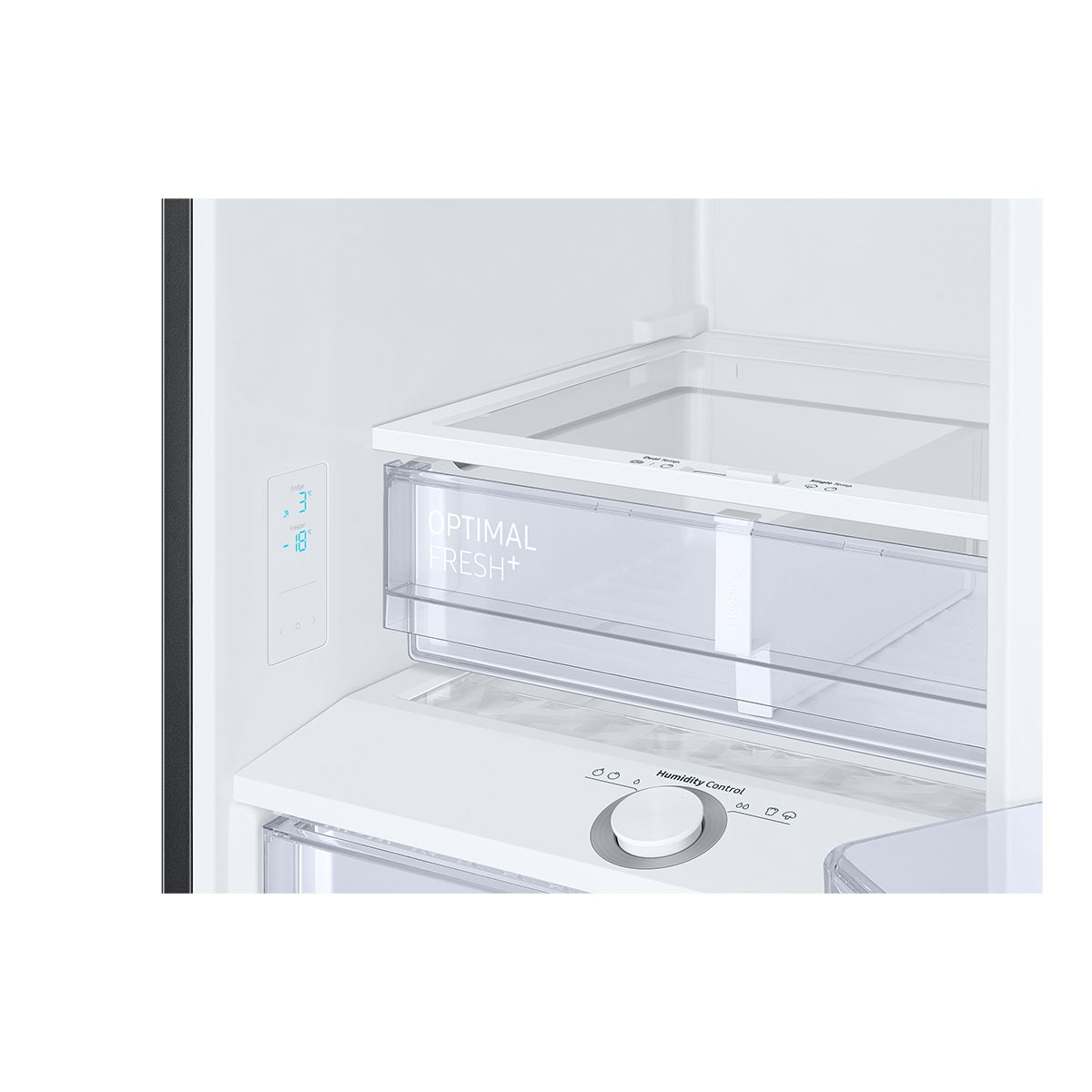 Interior de nevera: cajón de plástico transparente con 'OPTIMAL FRESH+'. Pantalla digital muestra temperaturas.