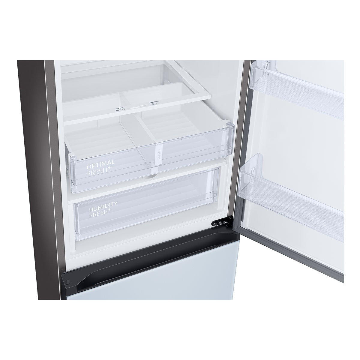 Primer plano del interior de un refrigerador con dos cajones transparentes, etiquetados como 'OPTIMAL FRESH+' y 'HUMIDITY FRESH+'.