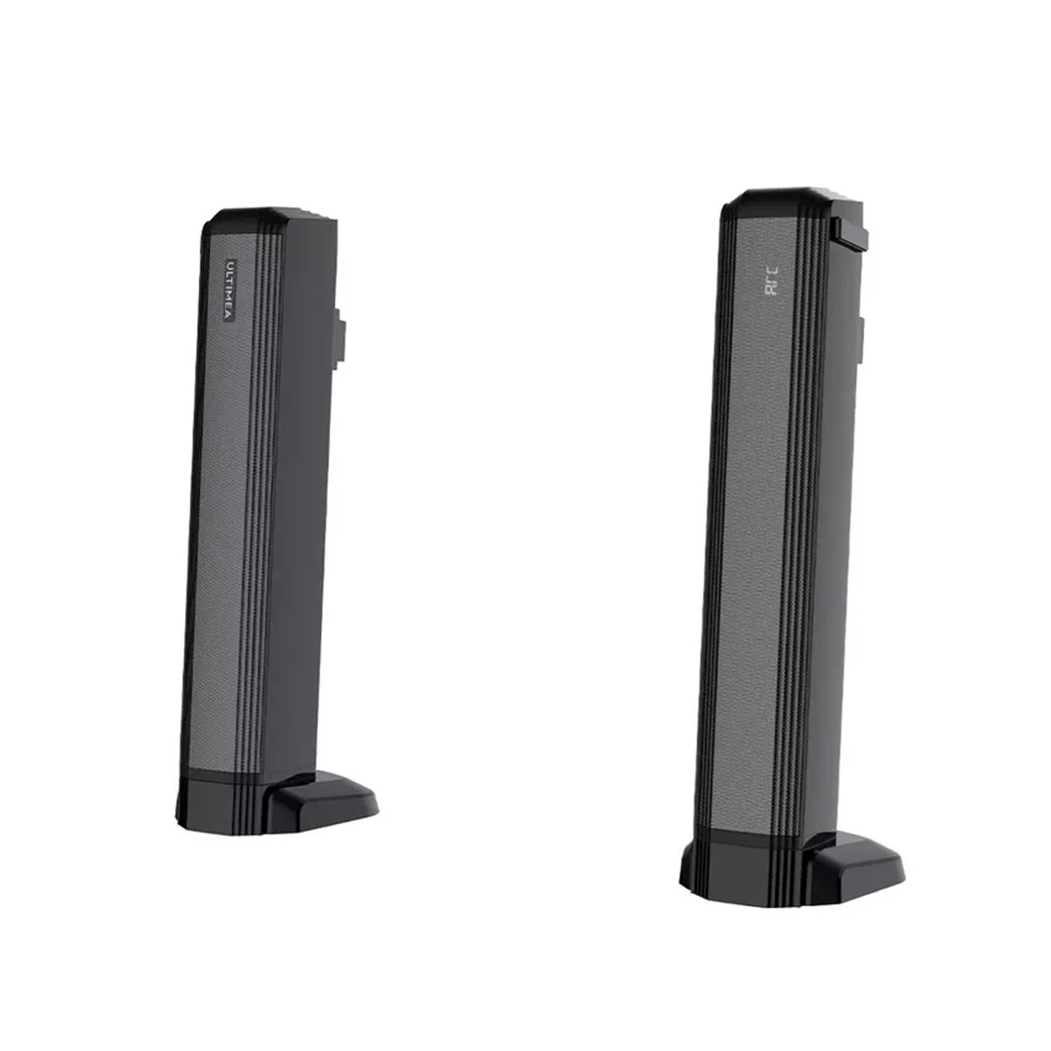 Dwa wysokie, cienkie czarne głośniki. Marka to Ultimea. Każdy ma materiałową maskownicę z przodu i podstawę.