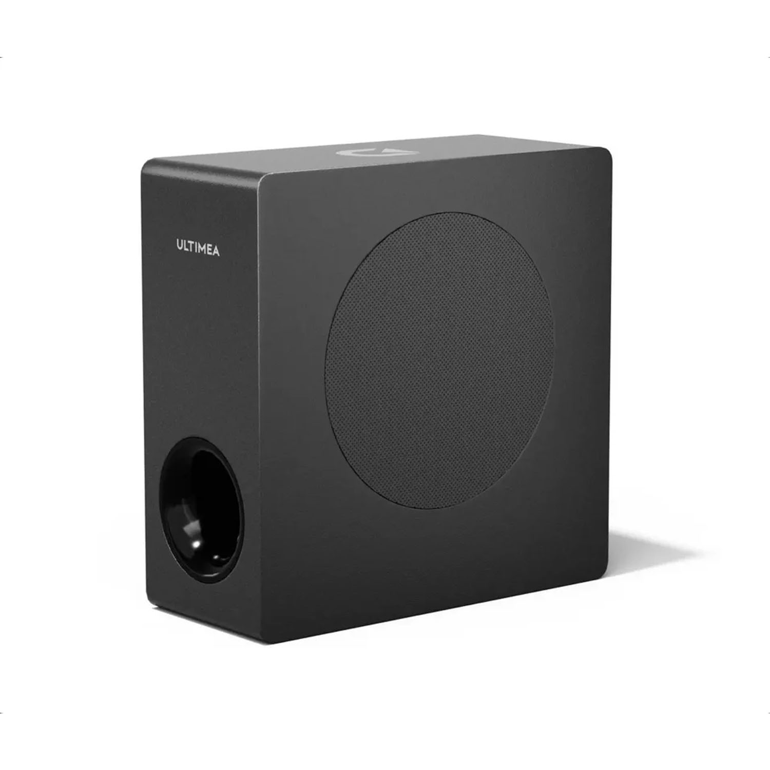 Czarny głośnik subwoofera z okrągłym głośnikiem z przodu i logo marki Ultimea, z małym portem z boku.