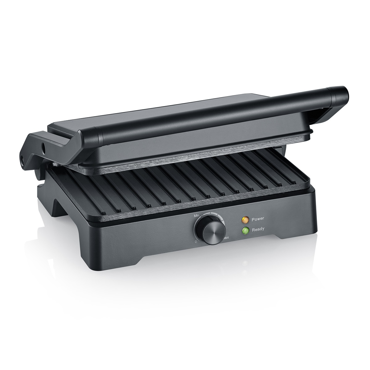 Ein offener schwarzer Grill mit Strom- und Bereitschaftsanzeigen. Ein Drehregler in der Mitte zur Temperaturregelung.