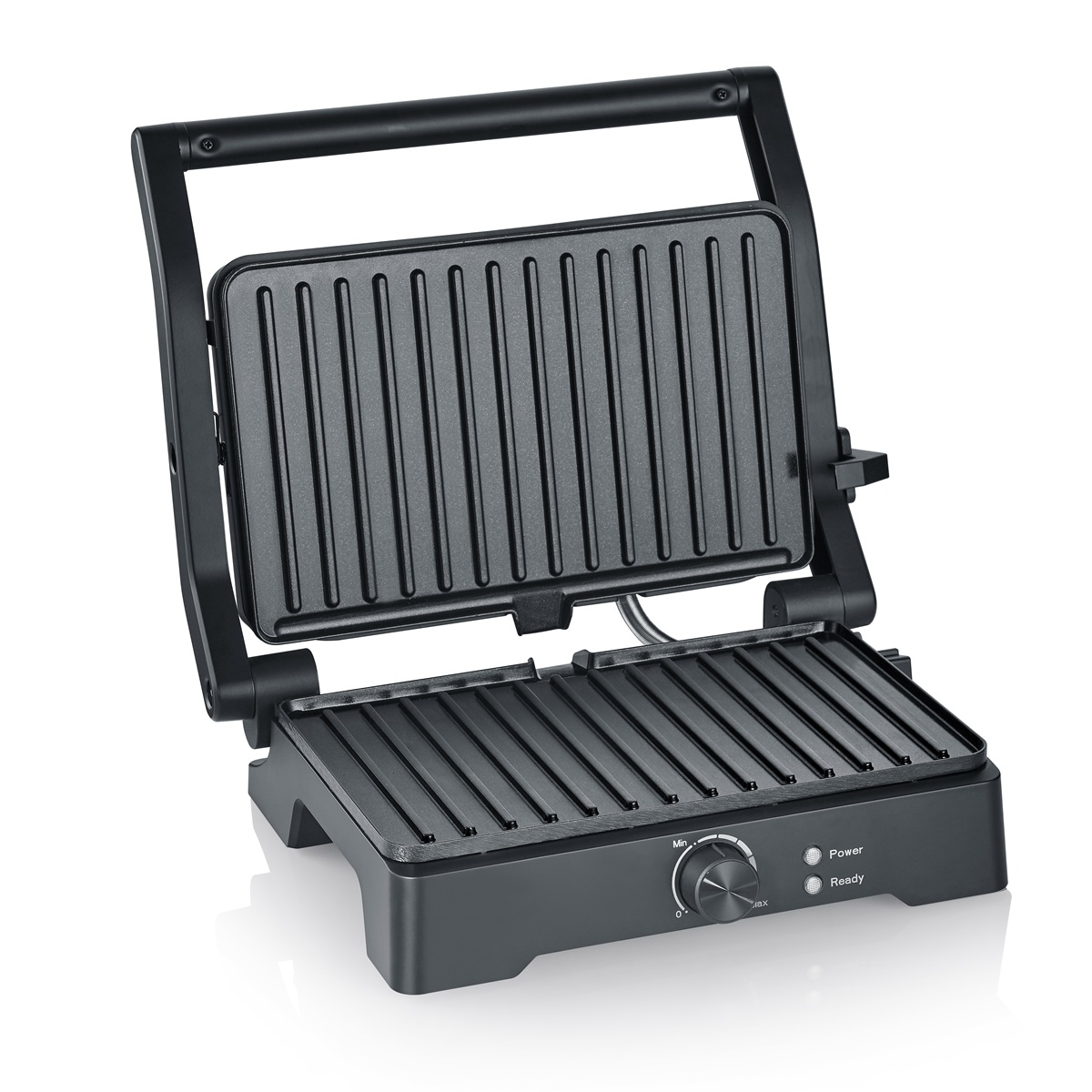 Schwarze offene Grillpresse mit Temperaturregler und Ein-/Aus-Leuchten.