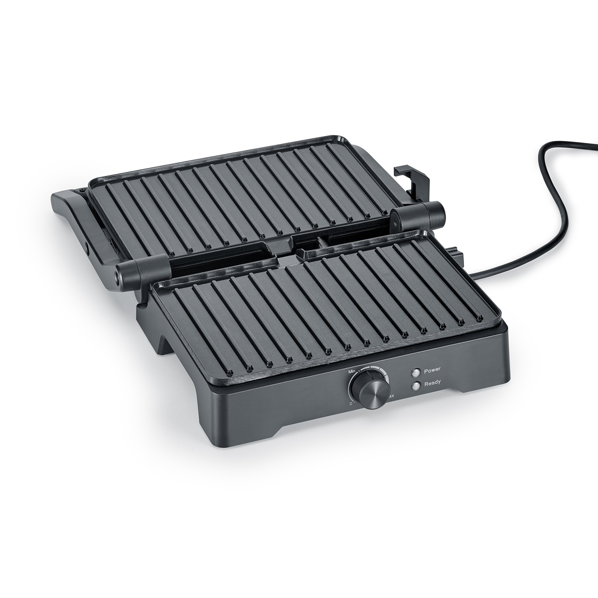 Schwarzer Elektrogrill, offen und leer, mit Temperaturregler und Leistungstasten.