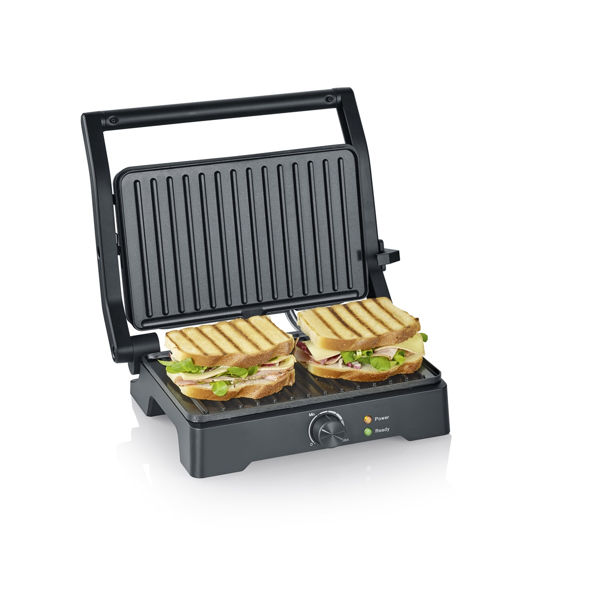 Ein schwarzer Sandwichmaker mit zwei Sandwiches, essfertig, und Steuerungseinstellungen.