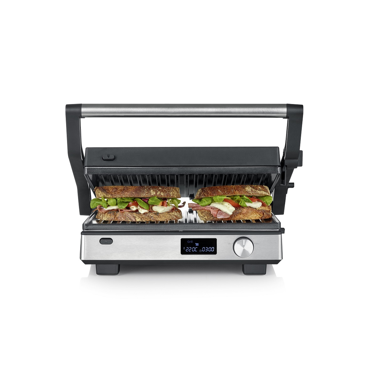 Ein silberner Panini-Grill ist geöffnet, mit zwei getoasteten Sandwiches im Inneren. Das Bedienfeld ist sichtbar.