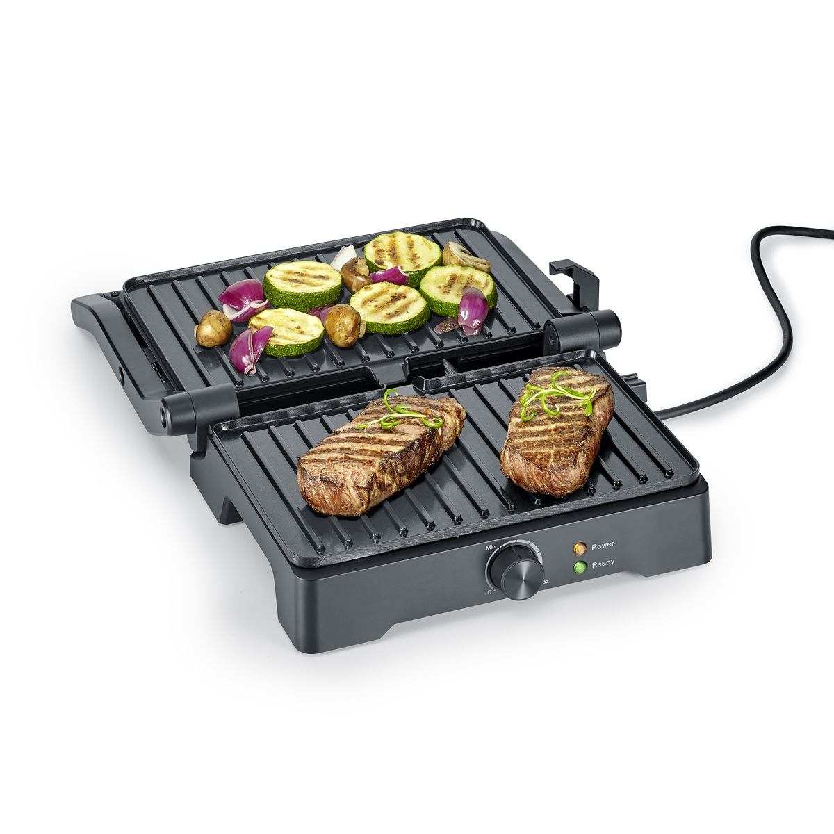 Ein schwarzer Elektrogrill mit gekochtem Essen, Zucchini, Zwiebeln und Steak.