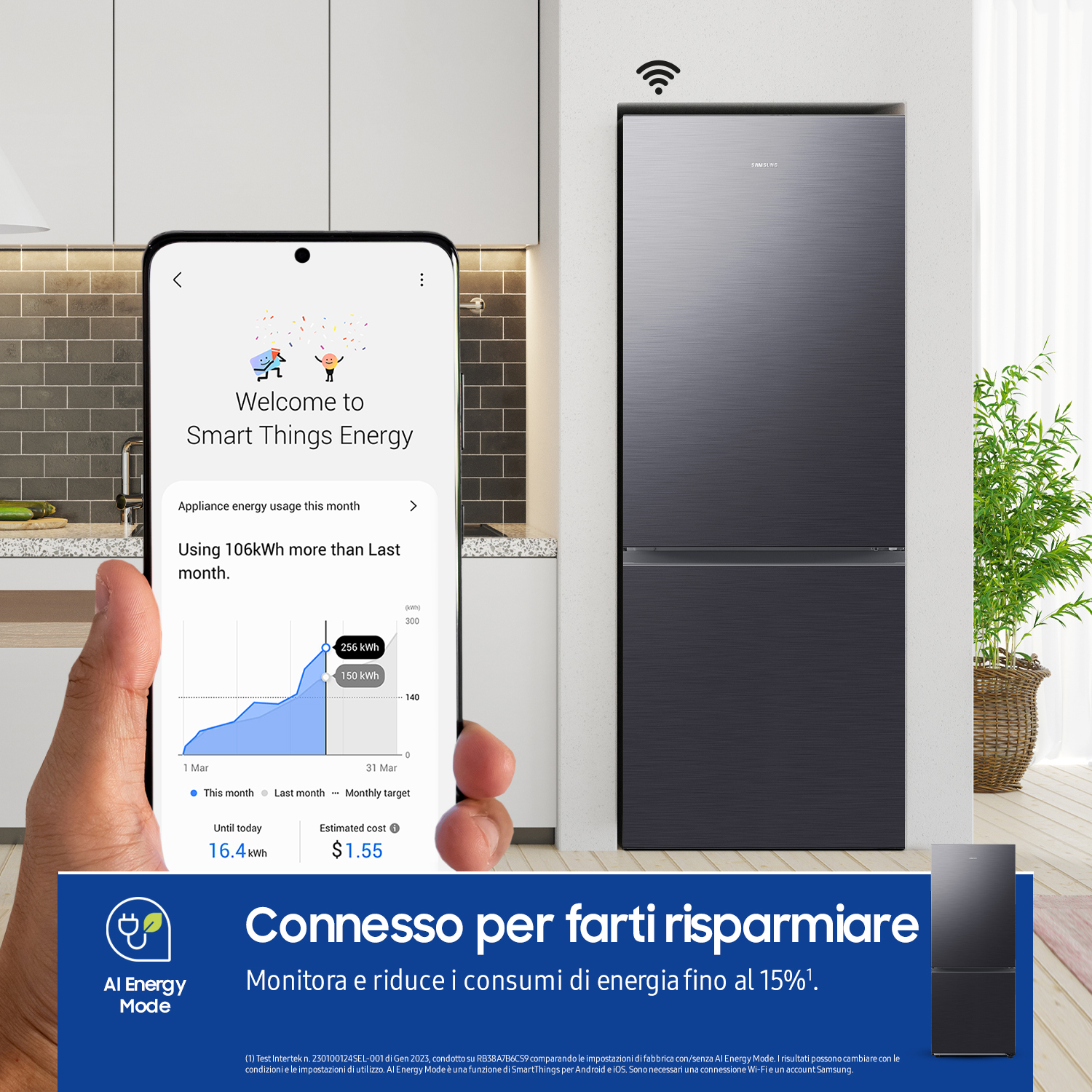 Uno smartphone mostra un'app per la casa intelligente accanto a un frigorifero nero. Una pianta sullo sfondo.