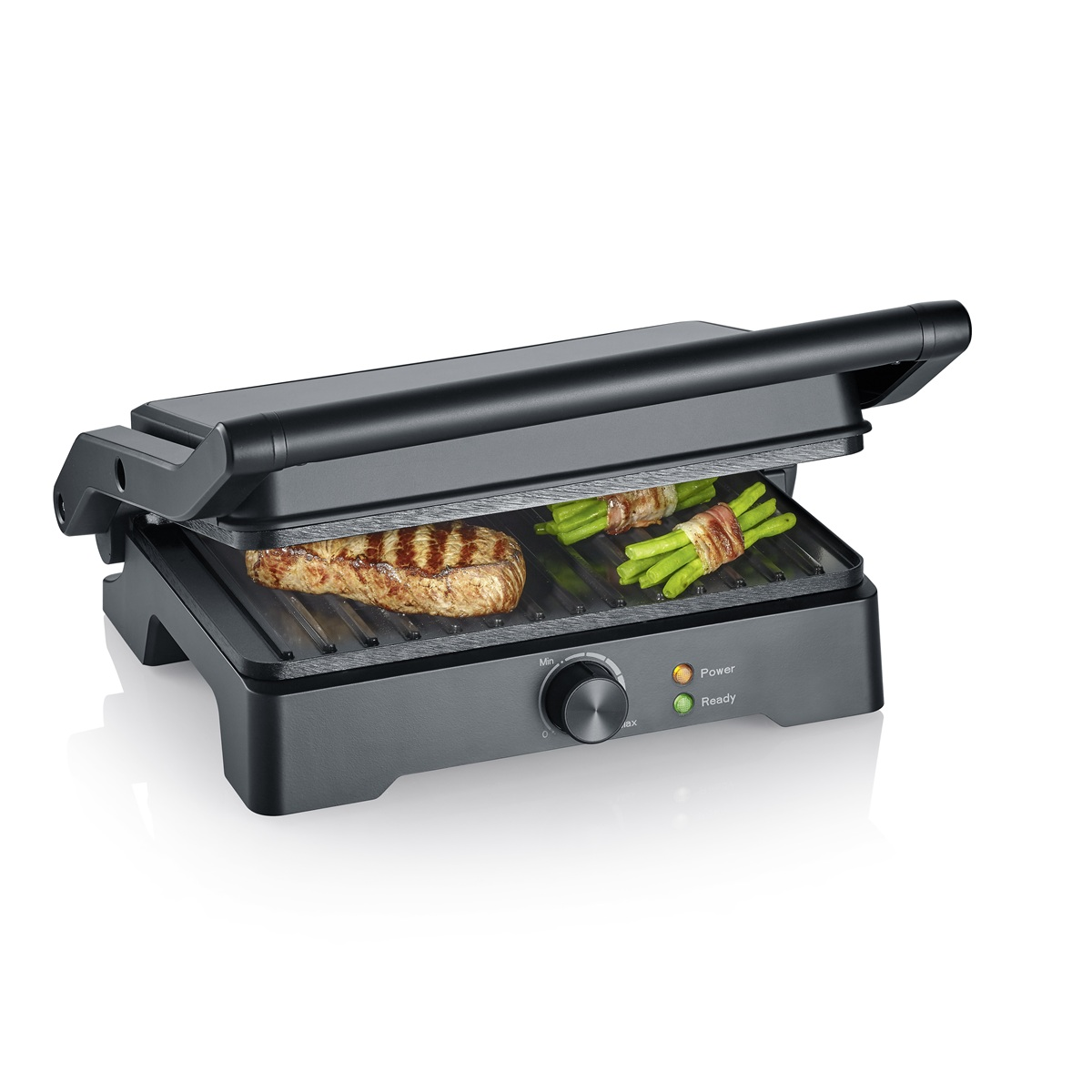 Ein schwarzer Severin-Grill mit Fleisch und Gemüse darin.