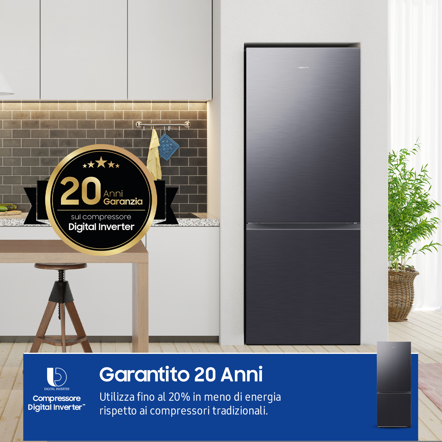 Frigorifero SAMSUNG in una cucina, con testo sulla garanzia di 20 anni.