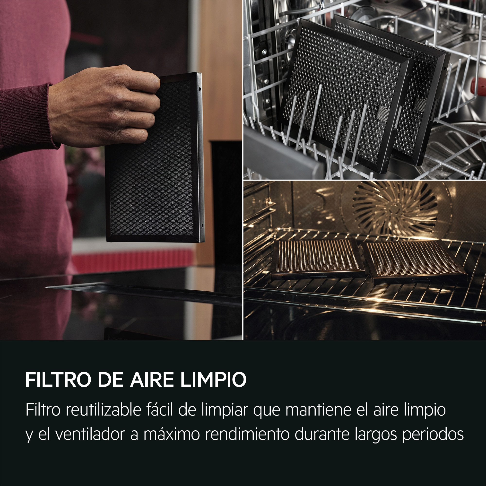 Mani che tengono e puliscono filtri neri. I filtri sono nel forno e nella lavastoviglie.