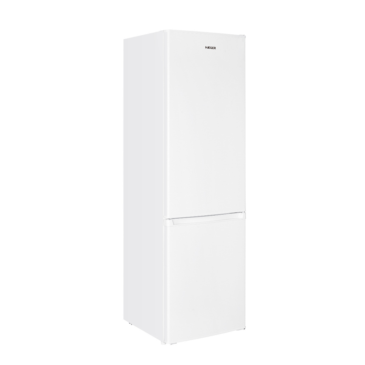 Frigorifero bianco. La porta è chiusa. Il frigorifero ha una maniglia e il marchio in alto.