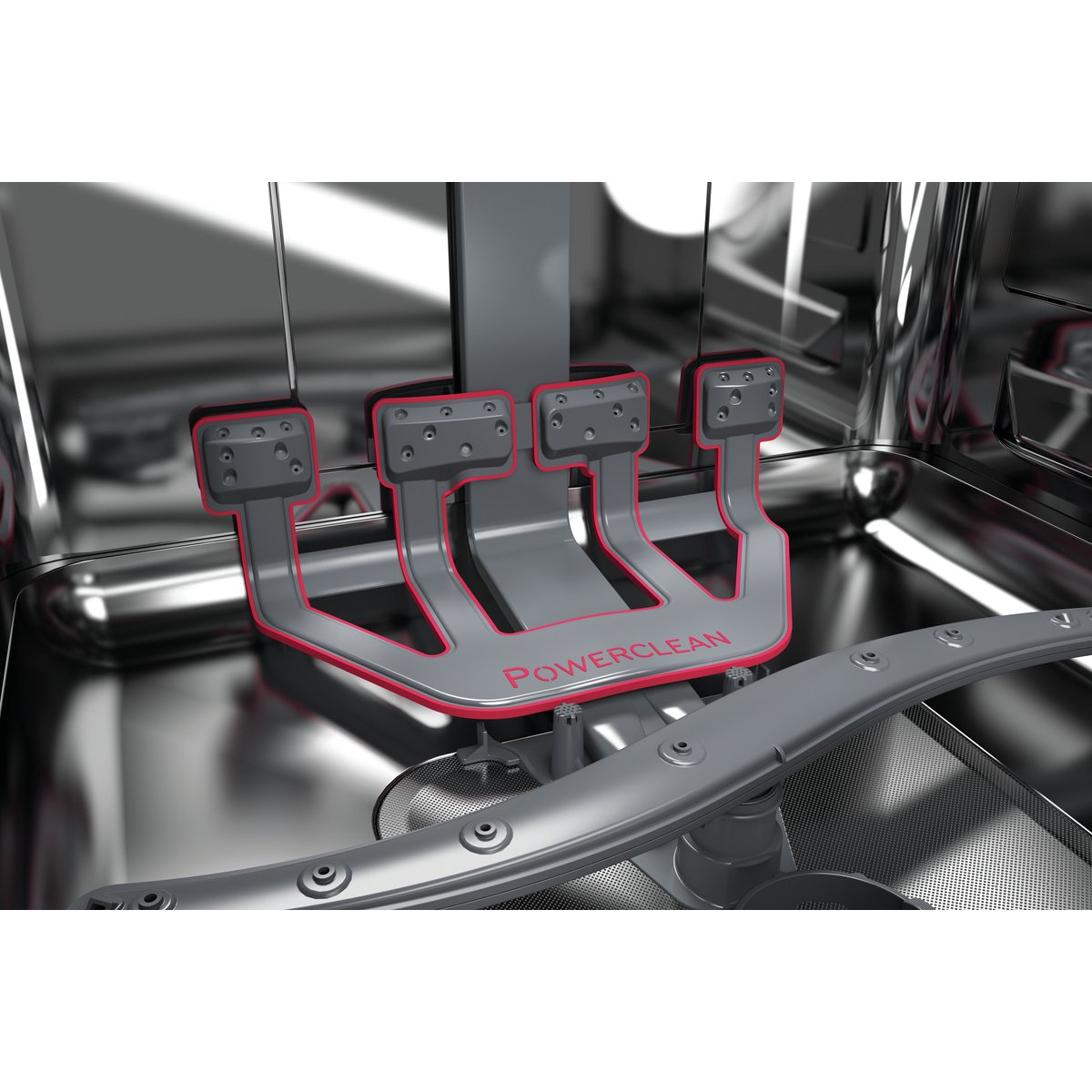 Primo piano dell'interno di una lavastoviglie con bracci di spruzzatura PowerClean in un ambiente metallico.