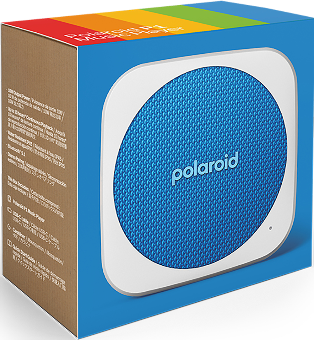 Niebiesko-białe pudełko odtwarzacza muzyki Polaroid P1 z tekstem.