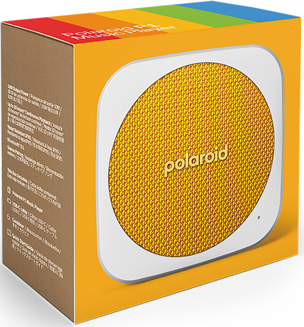 Zapakowany żółty odtwarzacz muzyki Polaroid P1. Pudełko ma tęczowy pasek. Odtwarzacz jest biały i żółty.