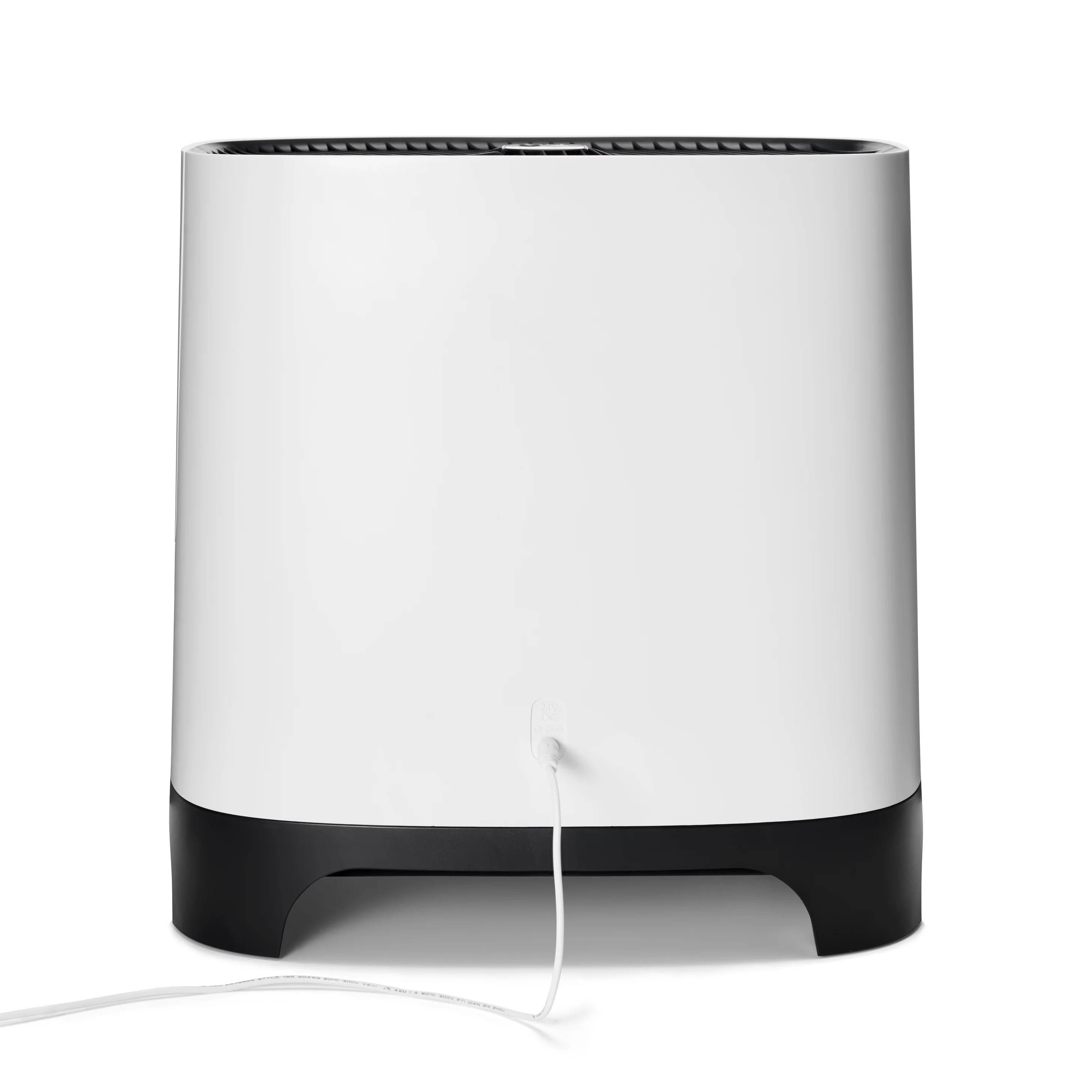 Biały osuszacz powietrza z panelem sterowania i wskaźnikiem poziomu wody.