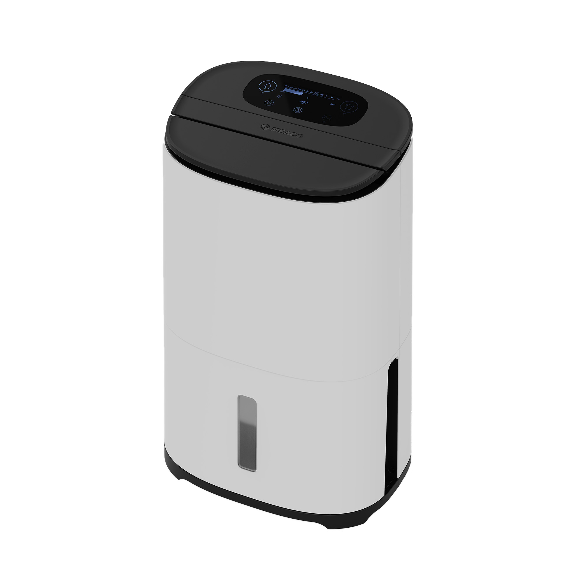 Pod kątem pokazano osuszacz z białym korpusem i czarnym blatem, wyposażony we wskaźnik poziomu wody.