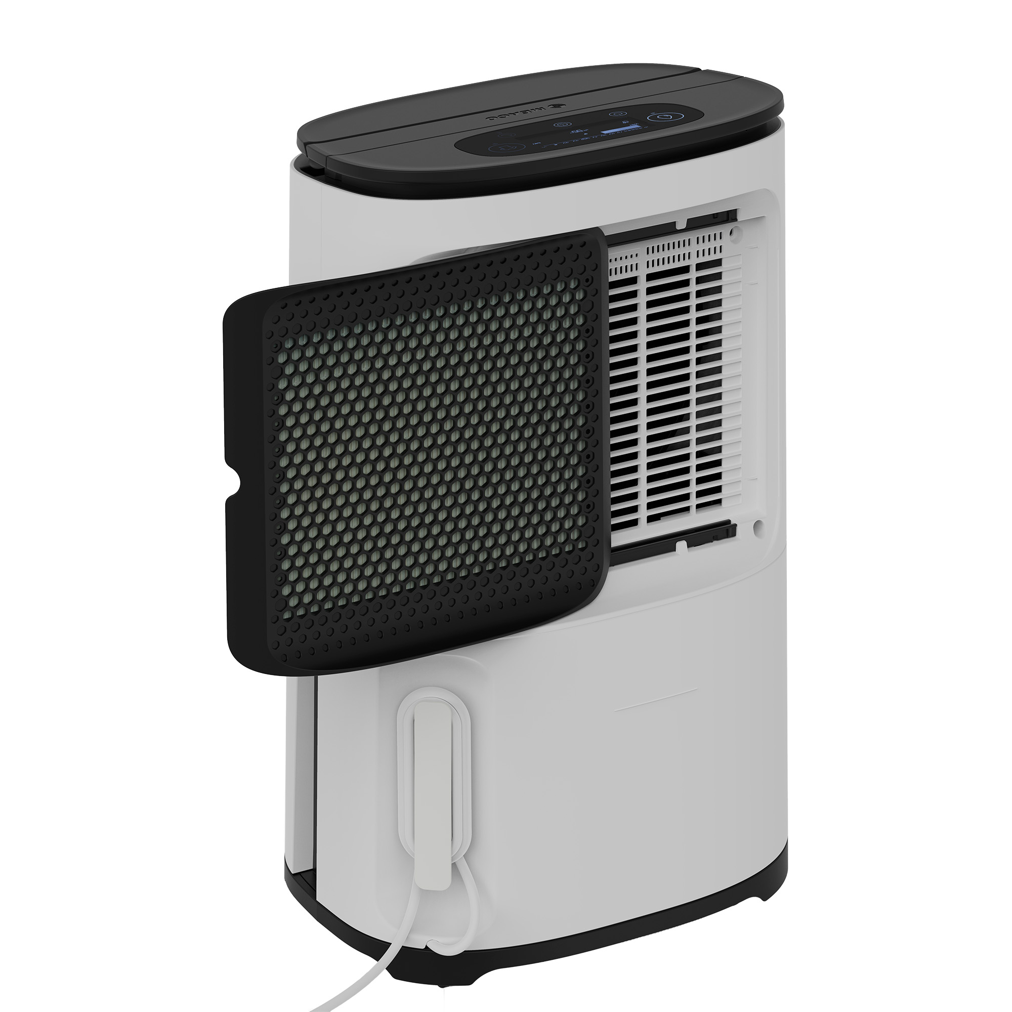 Biały oczyszczacz powietrza z otwartym filtrem. Czarny wierzch i pokrywa filtra. Wychodzi biały przewód.