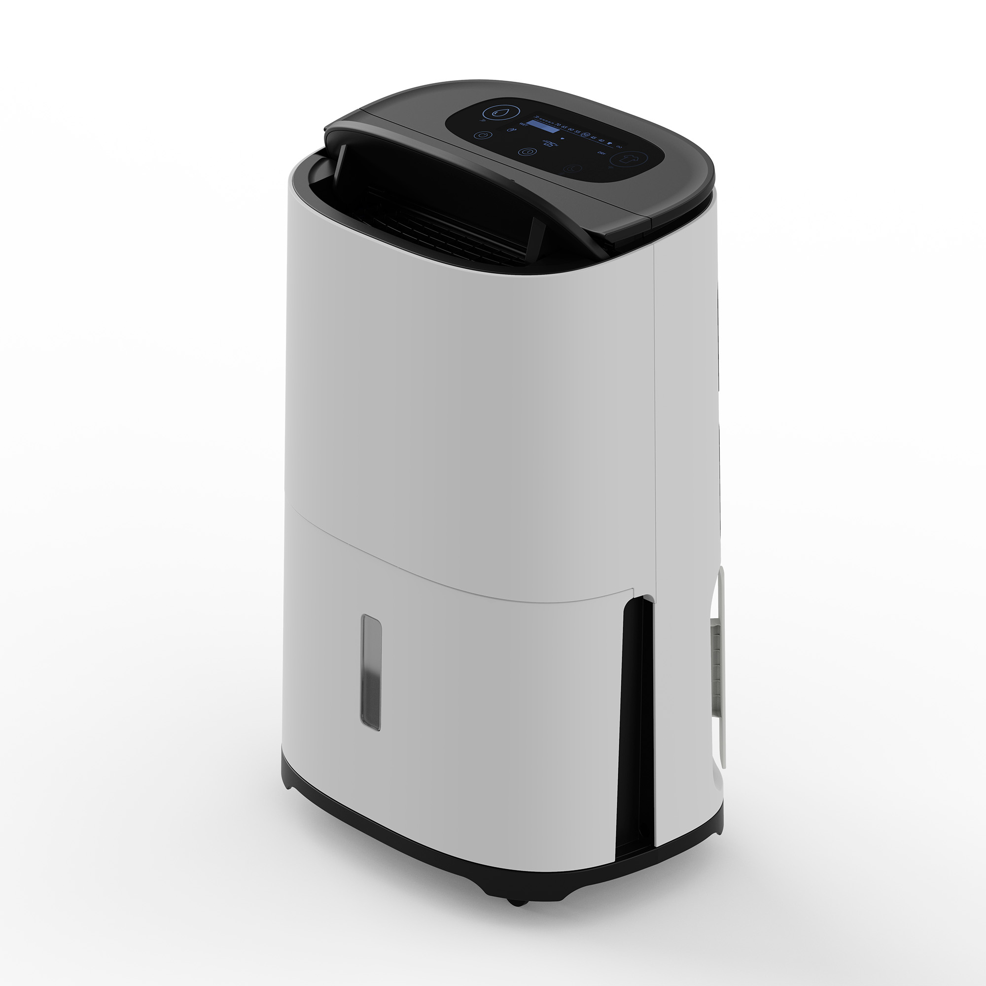 Biały i czarny osuszacz powietrza na białym tle.