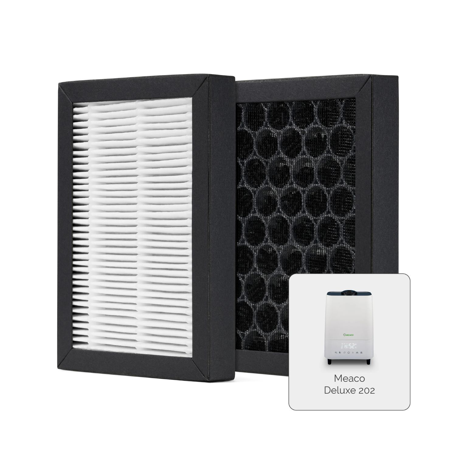 Juego de filtros de purificador de aire, con filtro blanco, filtro negro y un gráfico Meaco Deluxe 202.