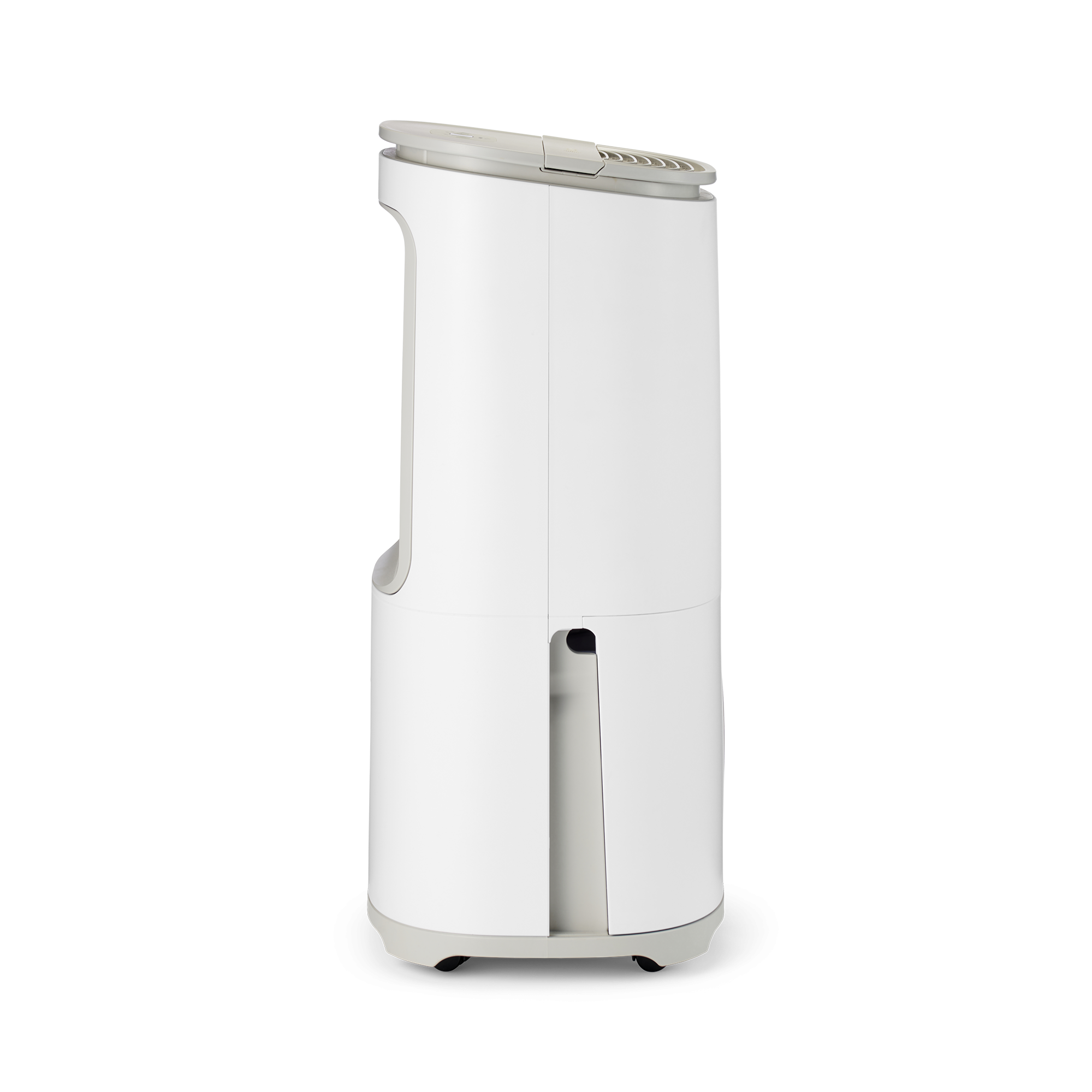 Ein weißer Luftreiniger mit grauem Ober- und Unterteil. Es ist vor einem schwarzen Hintergrund.