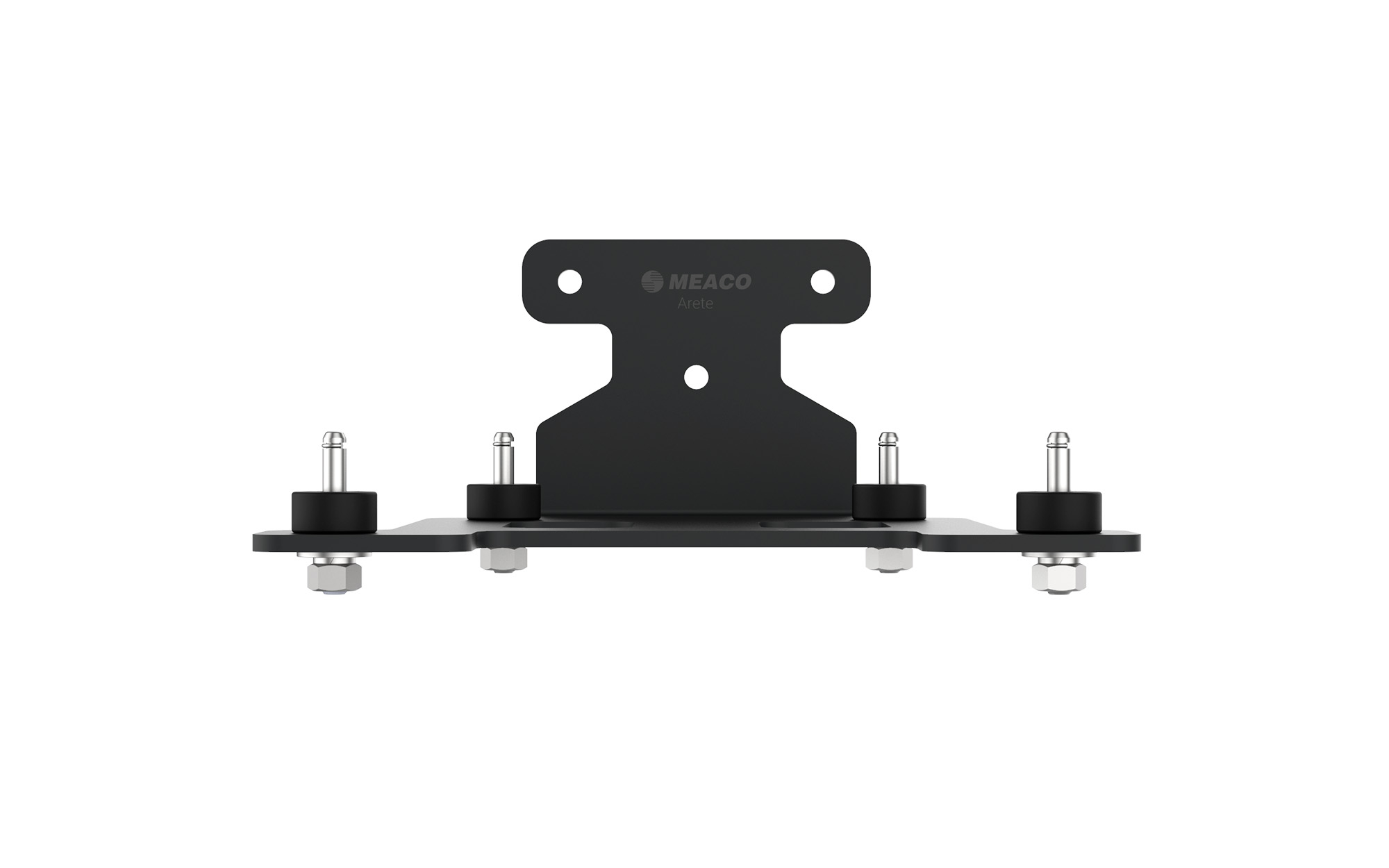Soporte metálico negro con tornillos y almohadillas de goma, fondo blanco.
