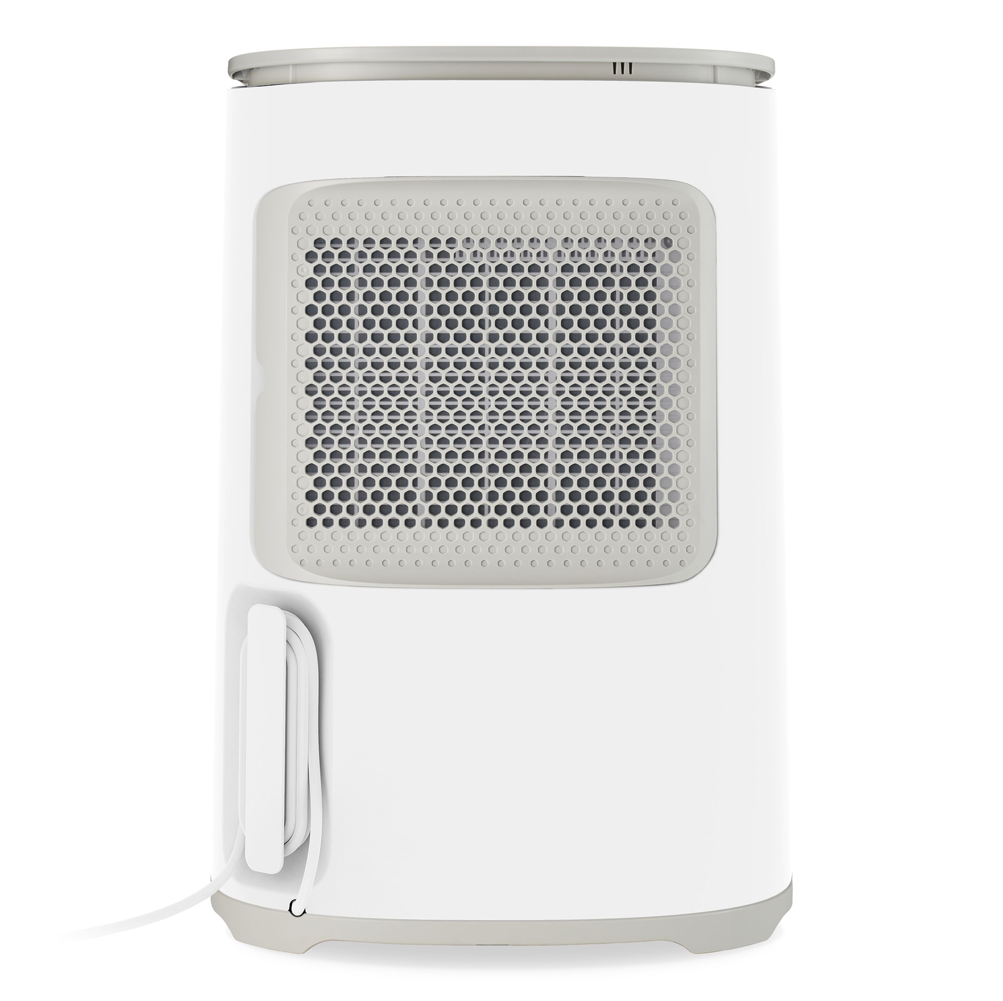 Een witte en grijze luchtontvochtiger met een rechthoekige ventilatie. Een netsnoer hangt eraan.