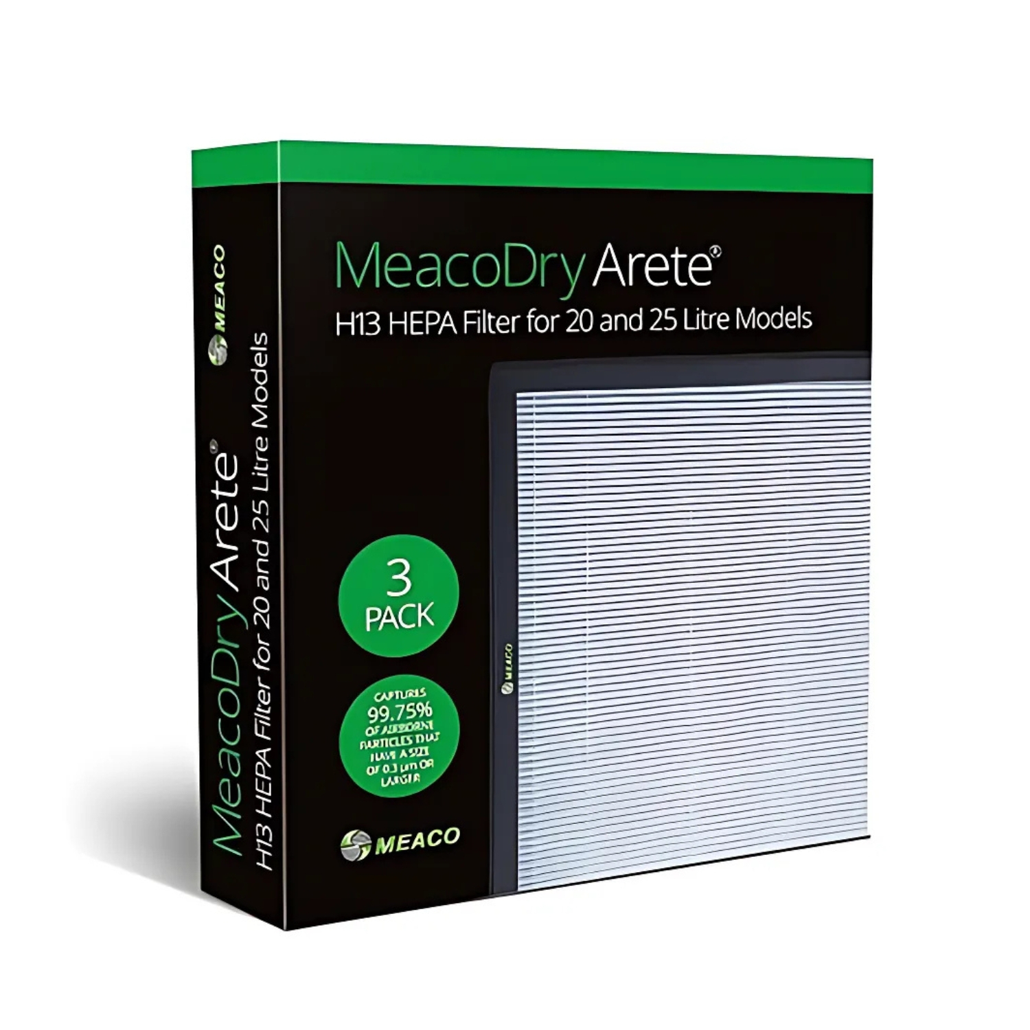 Pudełko produktu z filtrem HEPA do oczyszczaczy powietrza, z etykietą 'MeacoDry Arete'.