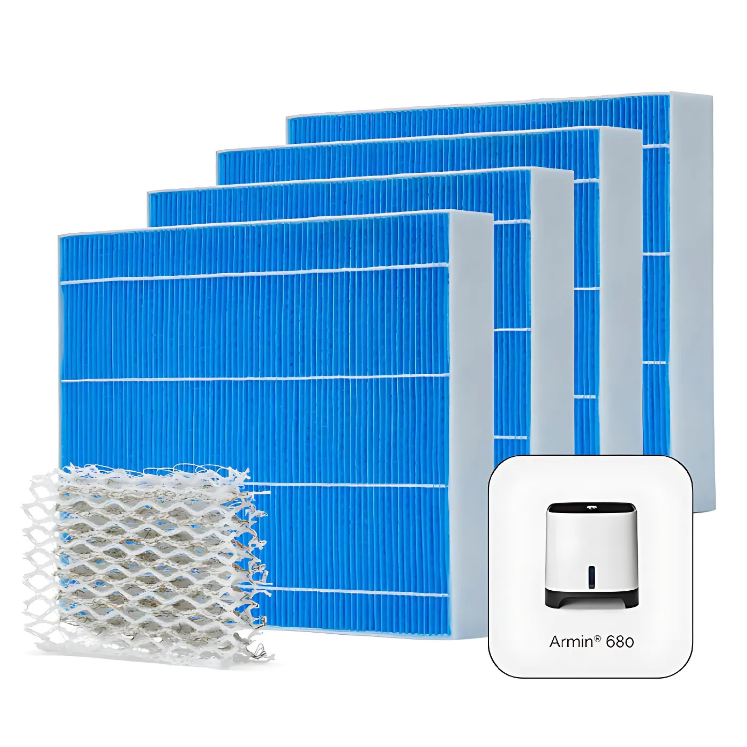 Cuatro filtros humidificadores se presentan con una rejilla de plástico blanco y una imagen del humidificador al que se adaptan.