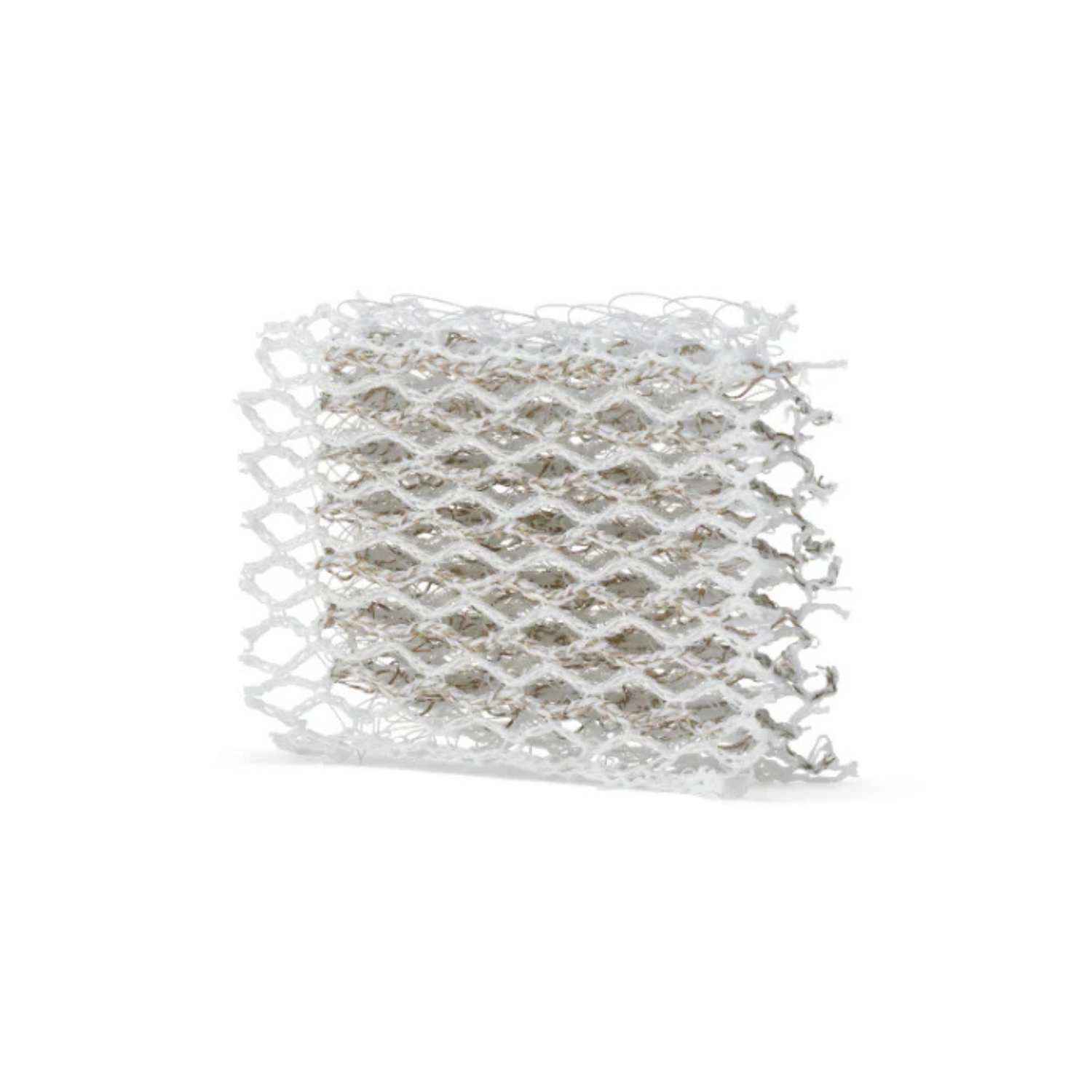 Primer plano de un filtro de humidificador con una malla blanca y un material interno marrón claro.