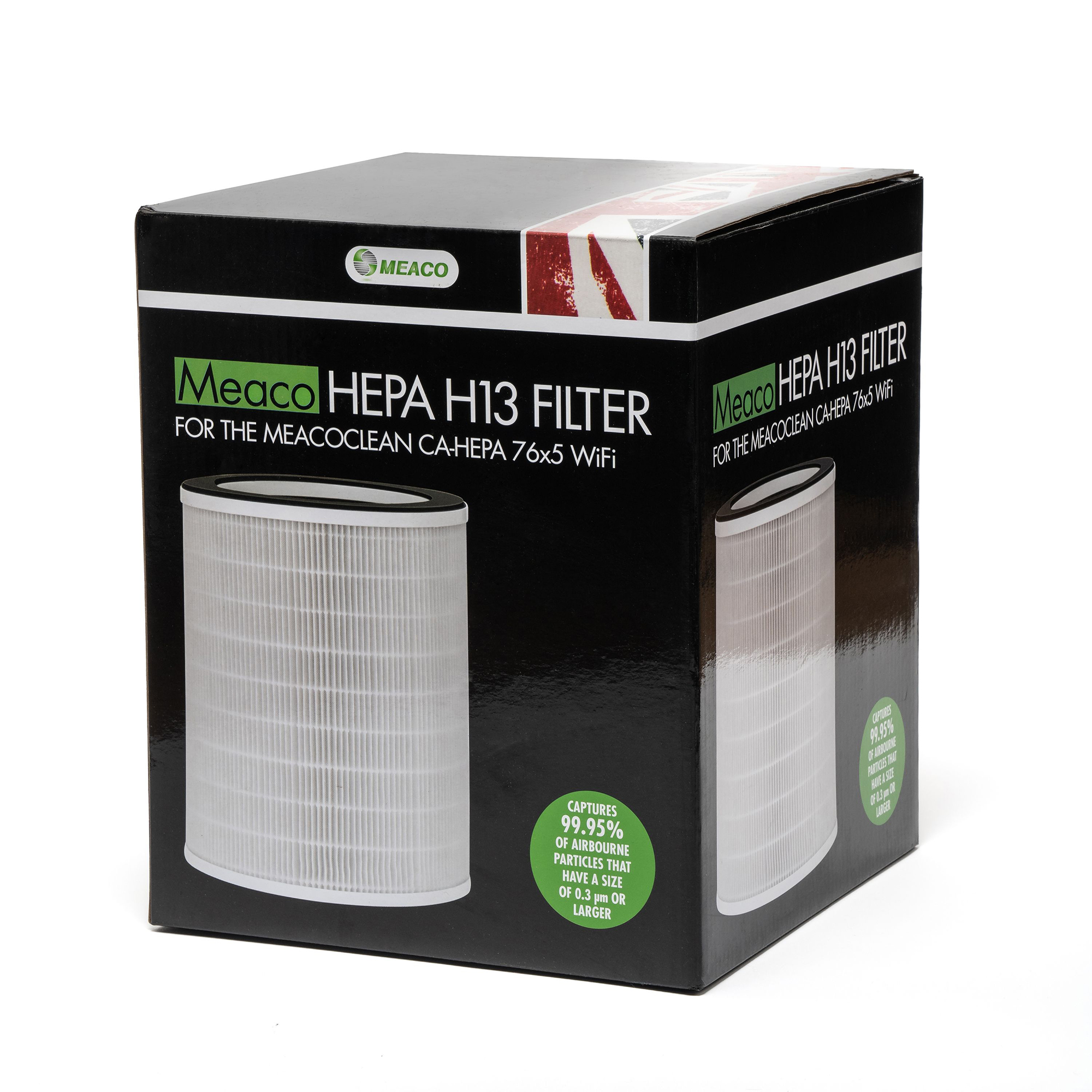 Una caja negra con un filtro Meaco HEPA H13. La caja tiene texto sobre las capacidades del filtro.