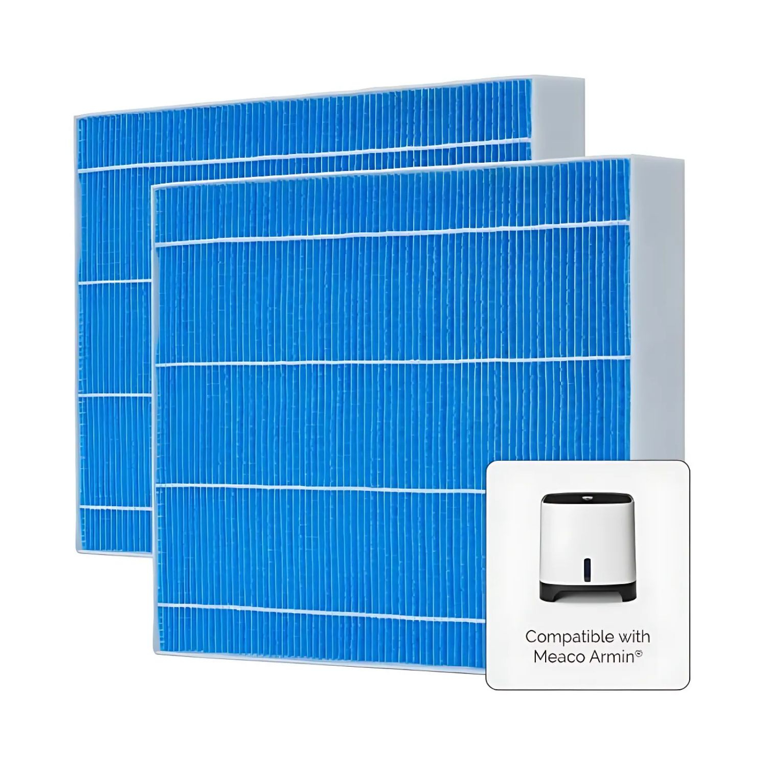 Dos repuestos de filtro de aire azules con un dispositivo blanco y negro en el fondo.