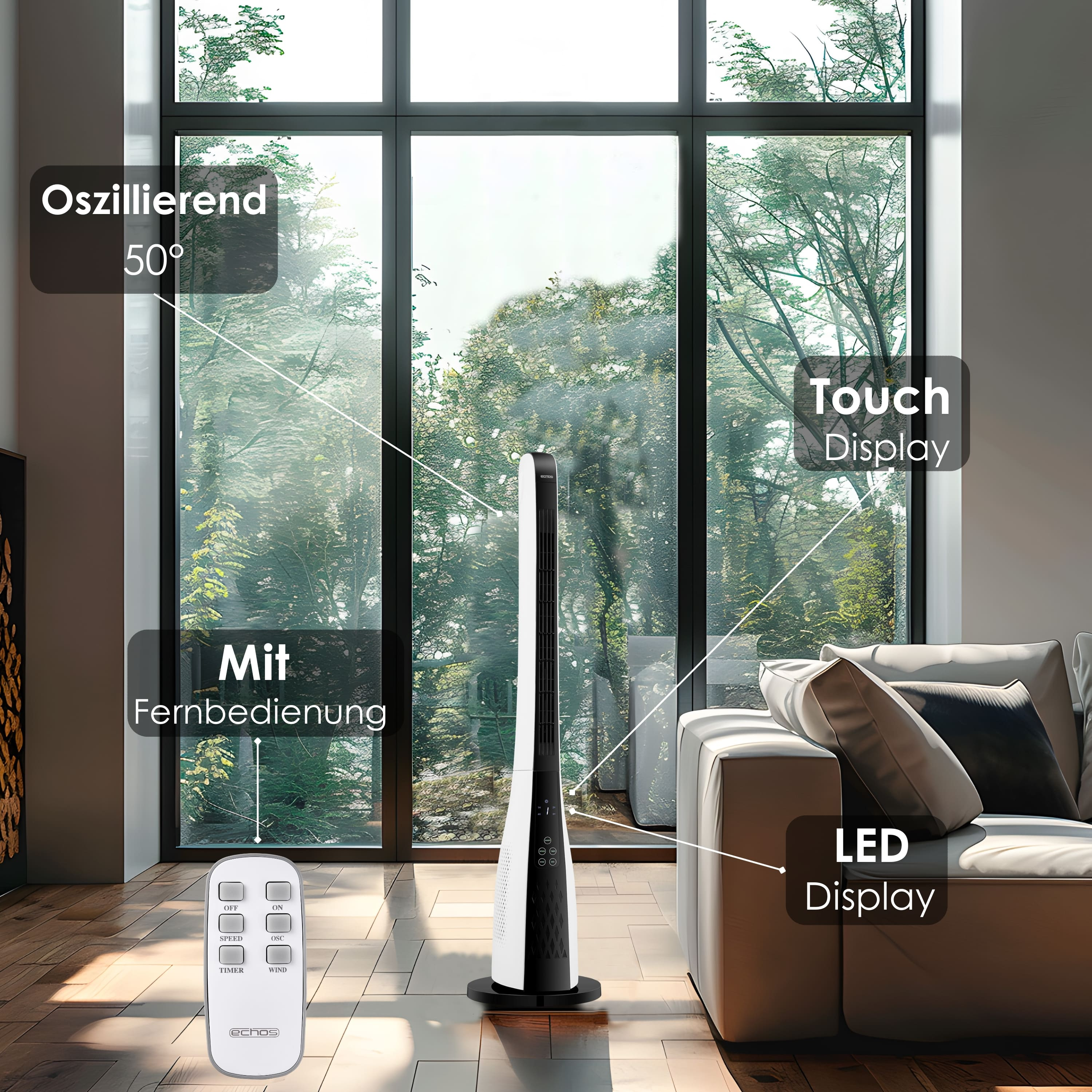 Ein hoher, schwarz-weißer Ventilator mit Fernbedienung und Touch-Display, drinnen in Fensternähe.