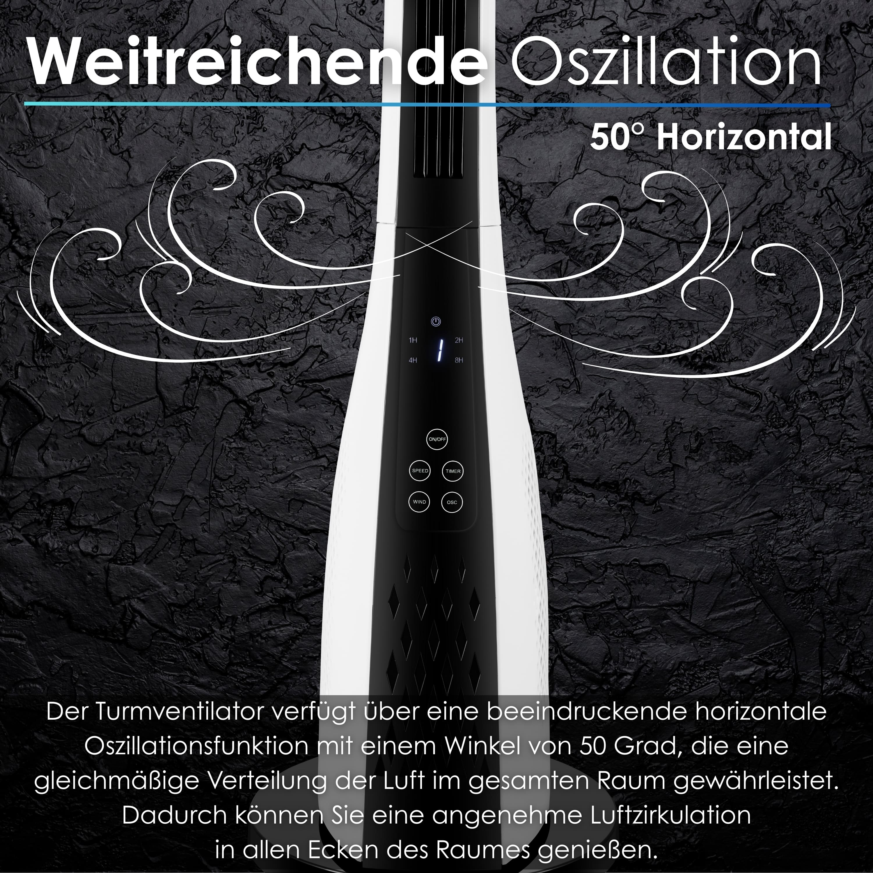 Schwarz-weißer Ventilator mit Text 'Weitreichende Oszillation' und Wirbeln, schwarz.
