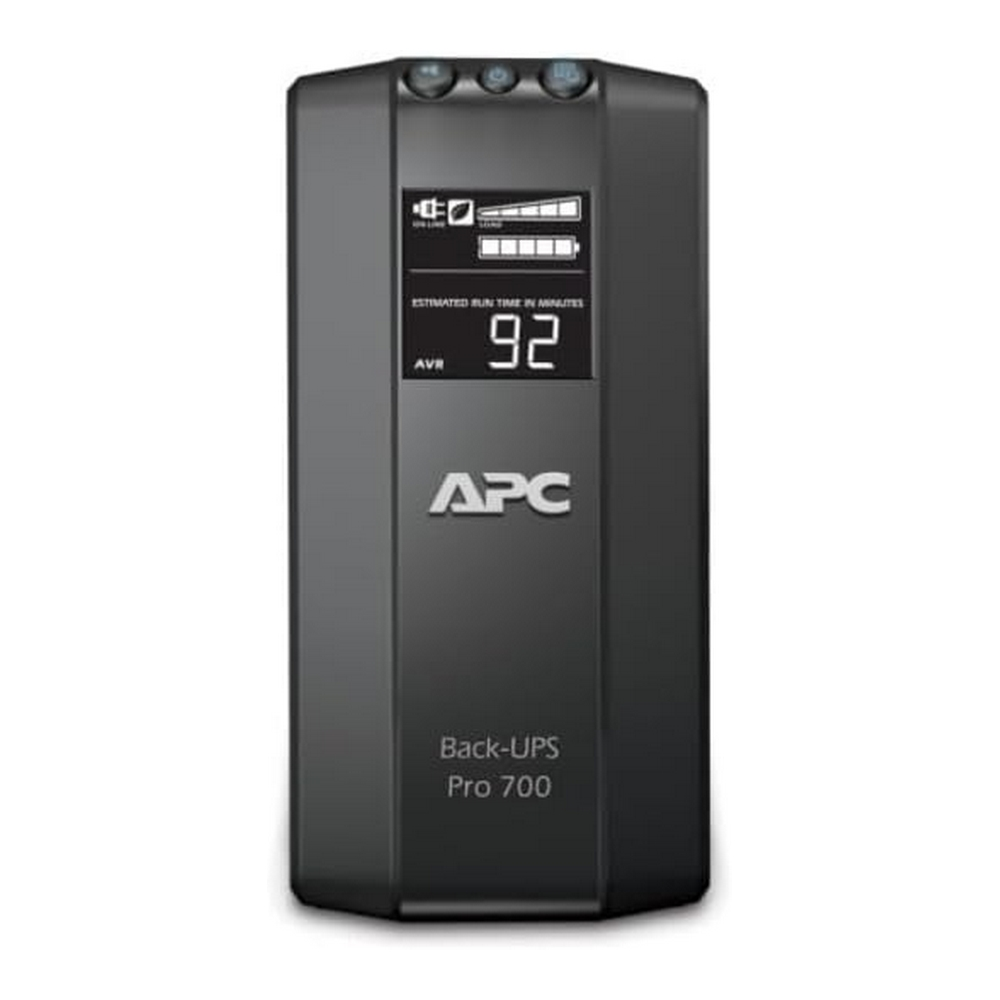 APC Back-UPS Pro 700 nero. Ha un display che mostra il tempo di esecuzione. Il logo APC è sul davanti.
