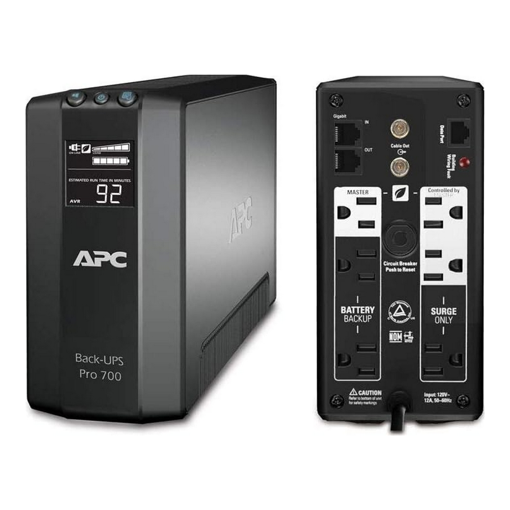 Immagine a due viste di un APC Back-UPS Pro 700 nero, che mostra il pannello frontale e le porte posteriori.