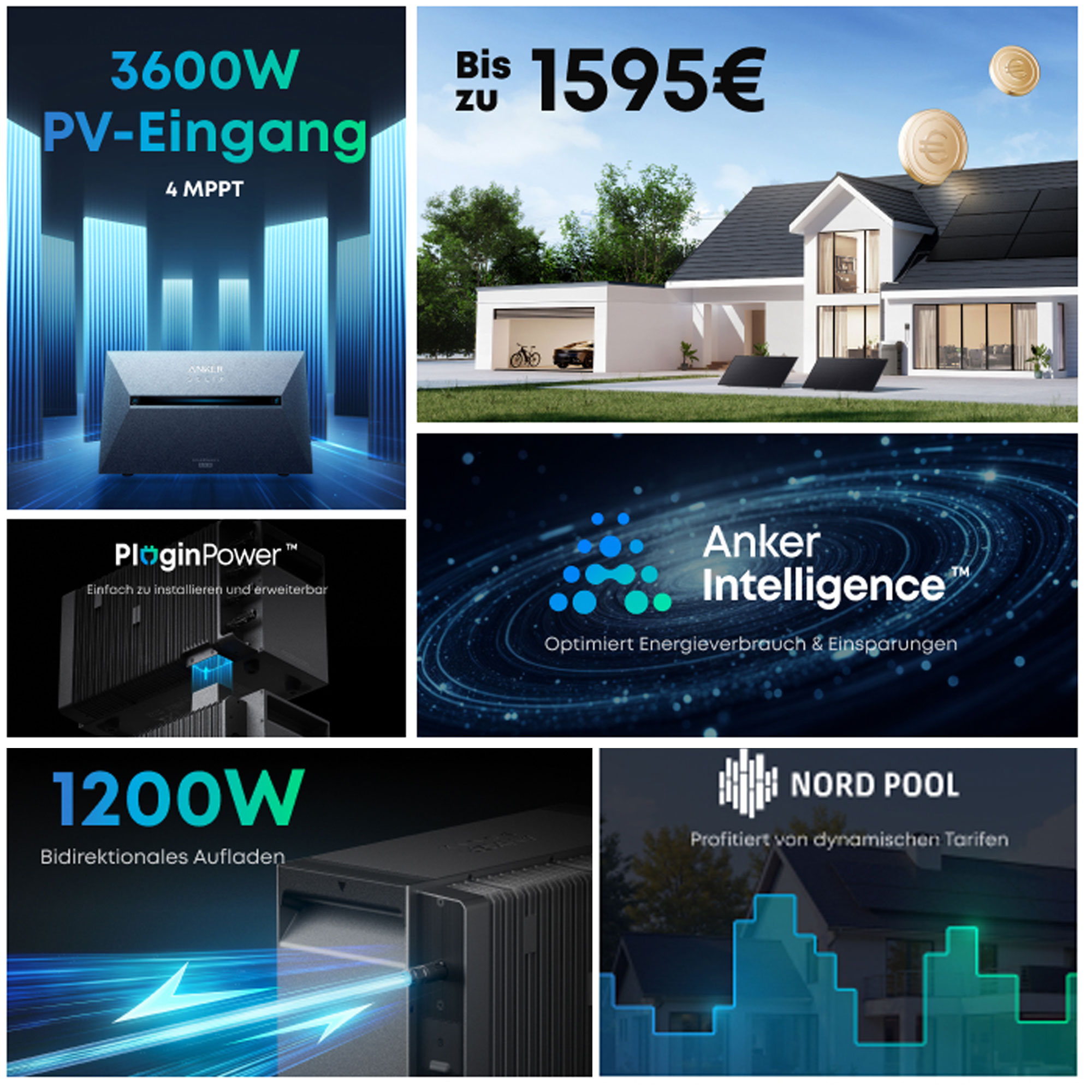 Collage mit Solarpanel, Haus, Text und grafischen Elementen, die Energie und Einsparungen veranschaulichen.