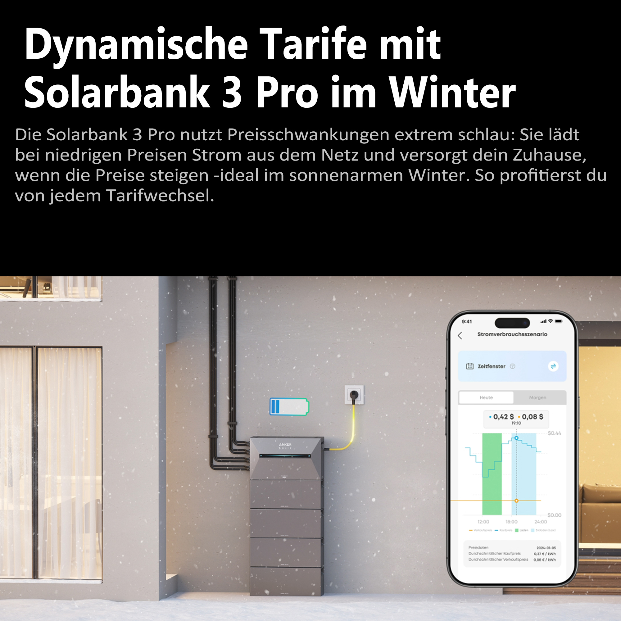 Werbebild. Zeigt ein Telefon mit Diagramm und Text sowie ein intelligentes Energiespeichersystem für zu Hause.
