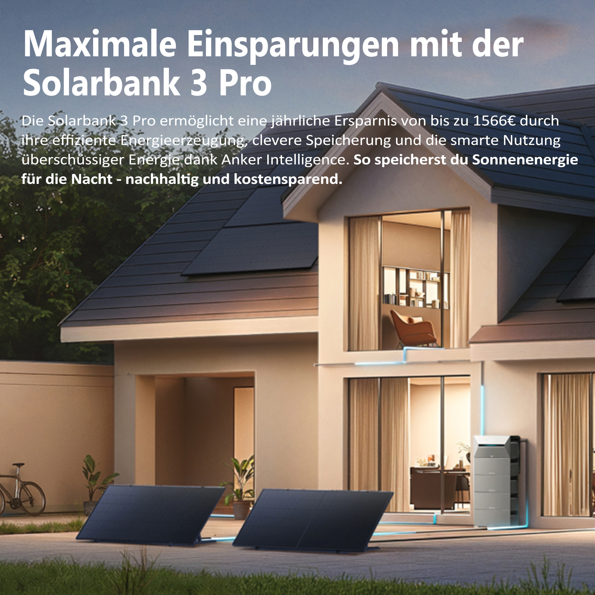 Ein Haus mit Solarmodulen auf dem Dach und im Garten, mit Text.
