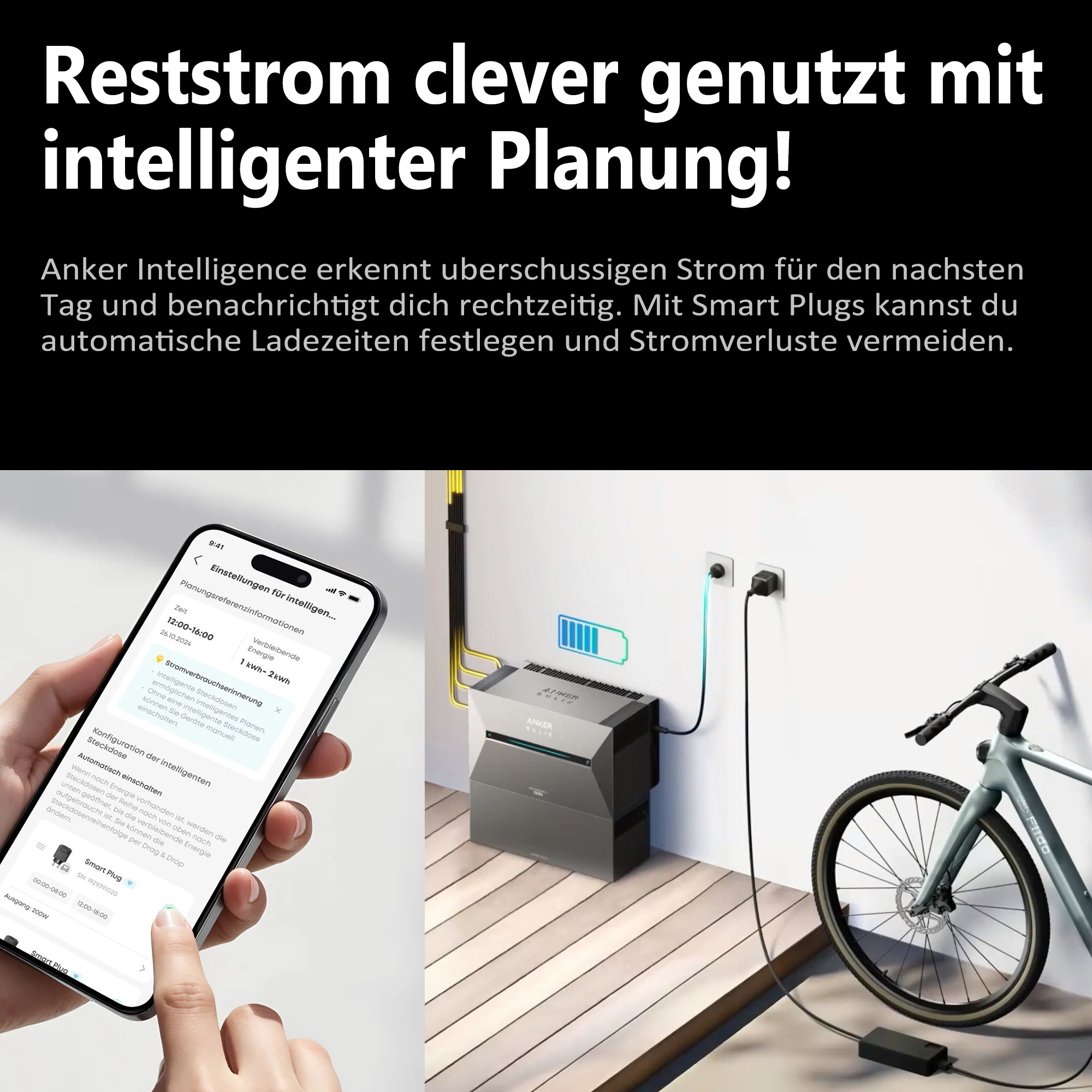 Ein Telefon zeigt eine Smart-Home-App, ein Fahrrad und ein Energiespeichergerät.