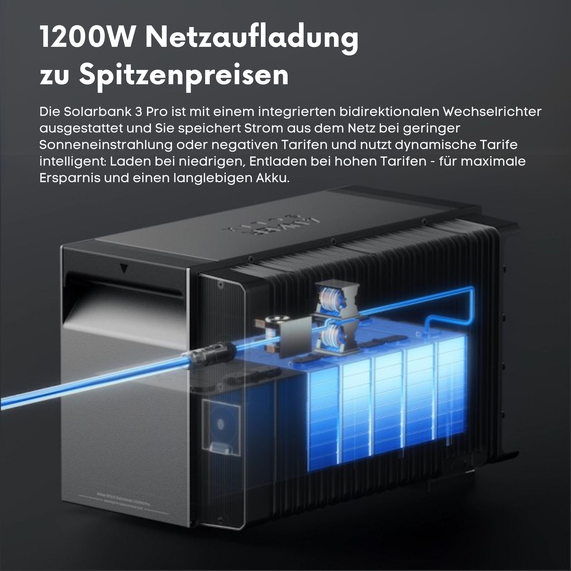 Eine schwarze Solarenergie-Station mit blauem Leuchten, das die inneren Komponenten zeigt. Text und Beschriftungen sind vorhanden.