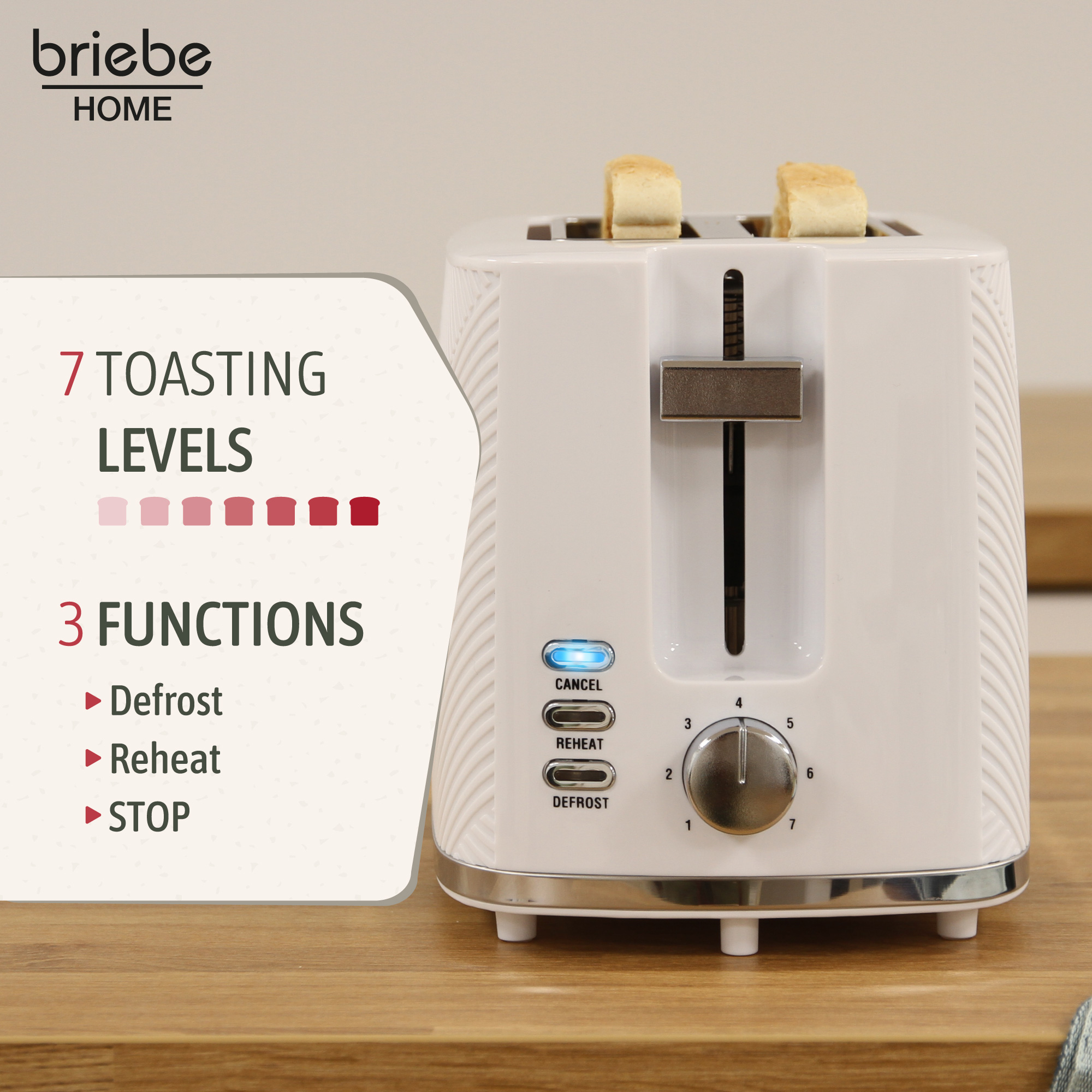 Ein weißer Toaster mit zwei Toastscheiben. Er hat 7 Bräunungsstufen und 3 Funktionen.