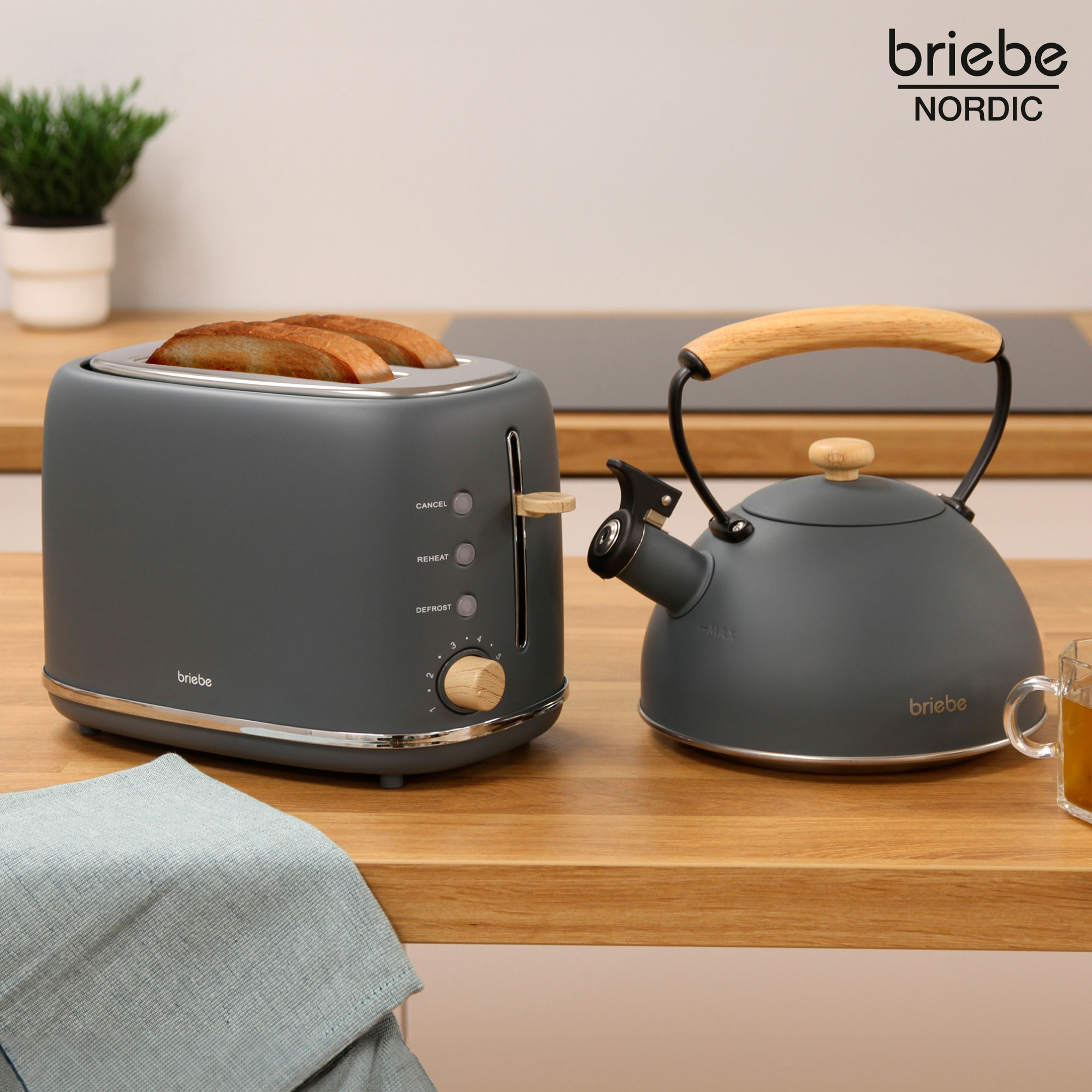 Toaster und Wasserkocher auf Holztisch. Marke: briebe nordic.