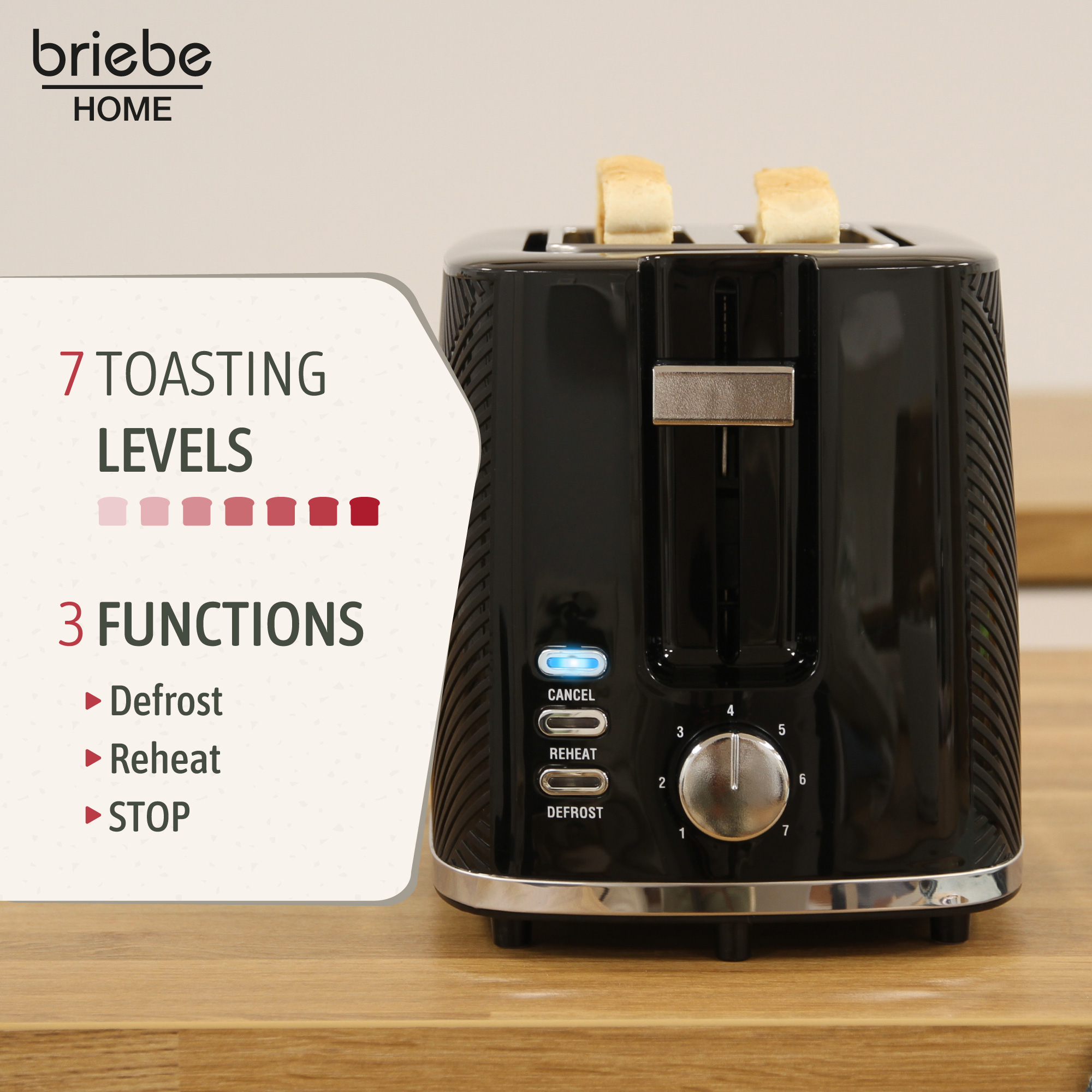 Ein schwarzer Toaster mit zwei Brotscheiben, mit einem Textfeld, das Funktionen und Röststufen zeigt.