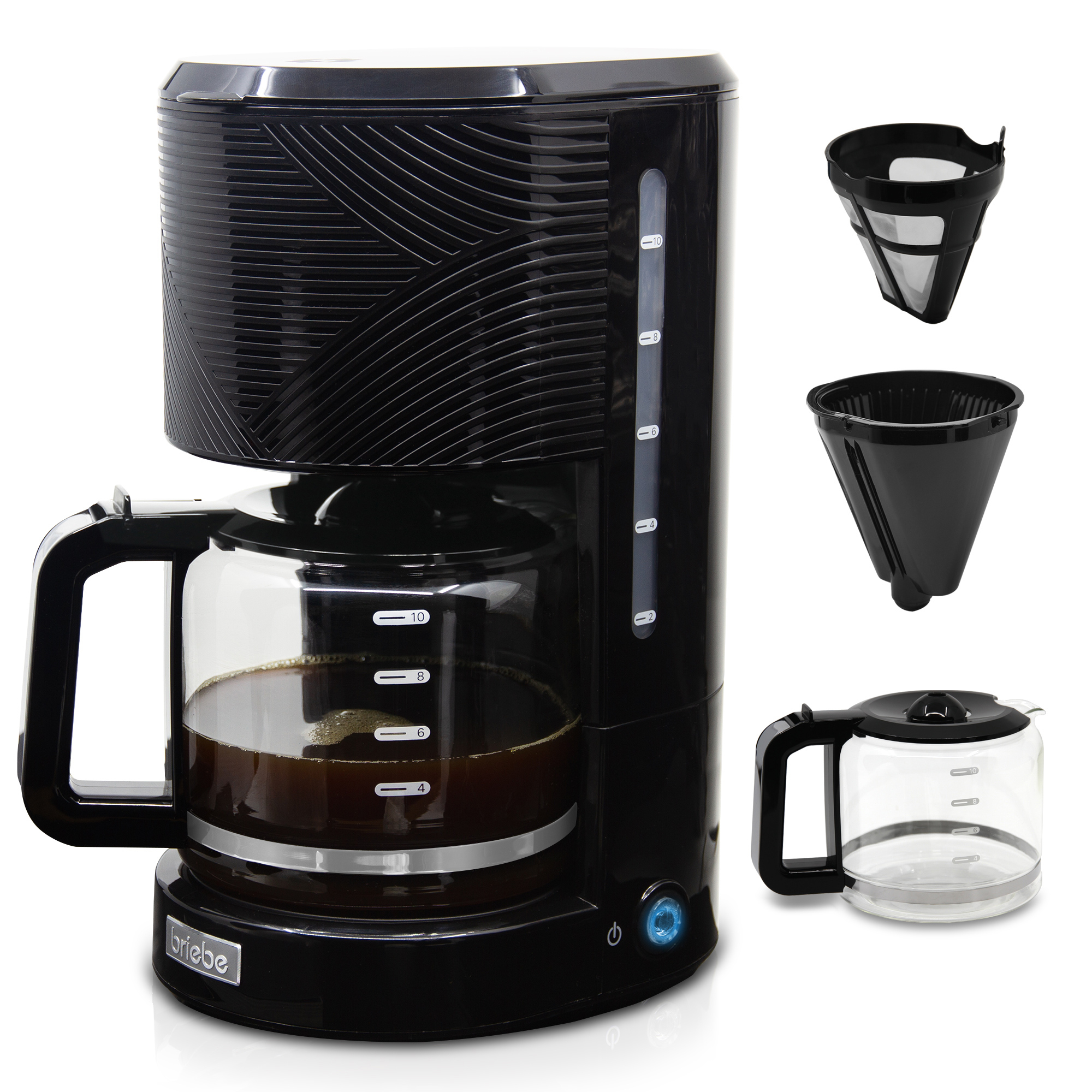 Cafetera negra con una jarra de vidrio llena de café y filtros al lado.