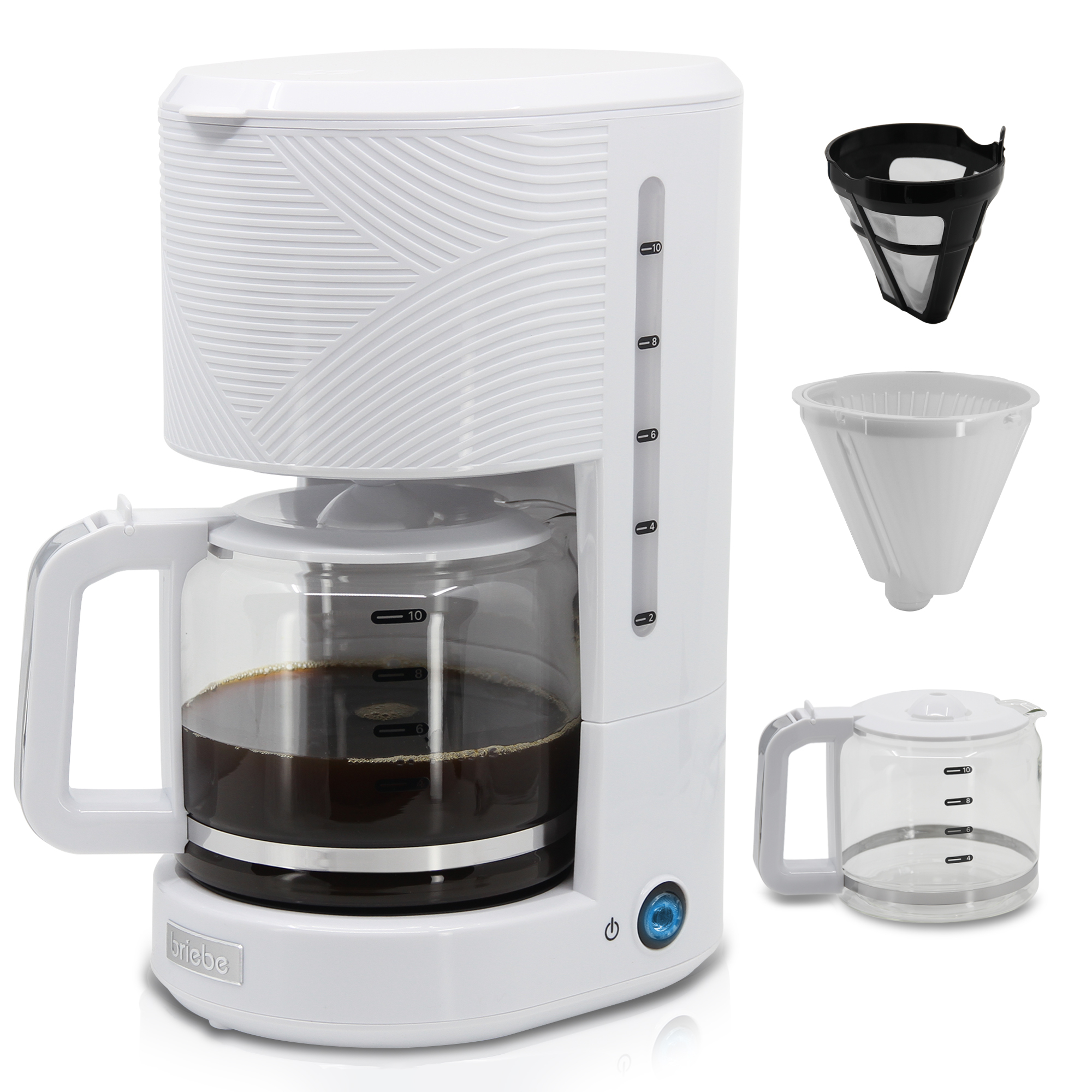 Una cafetera de goteo blanca con una jarra de vidrio y una cesta de filtro adicional.