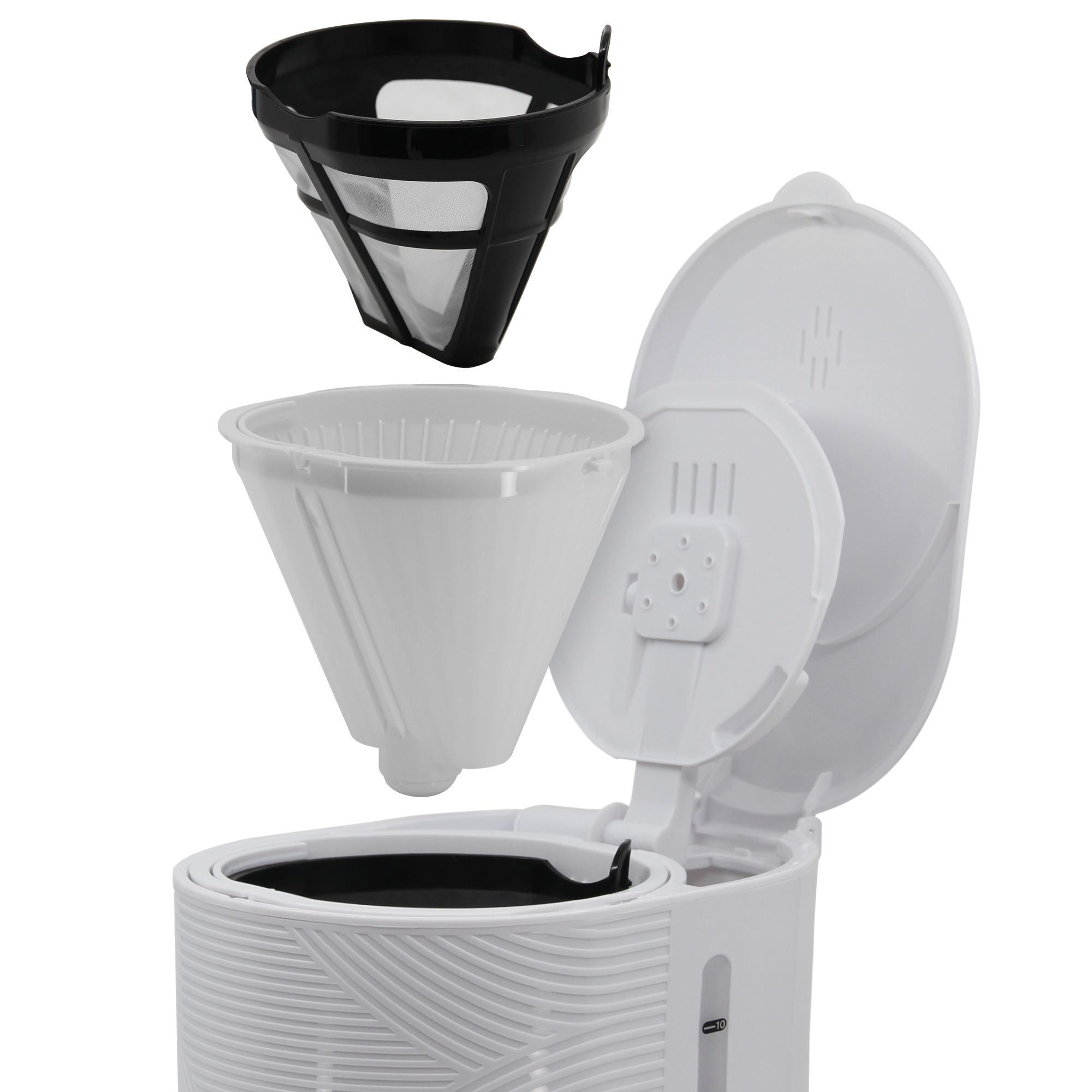 Piezas desmontadas de cafetera, incluido el filtro y el depósito de agua.