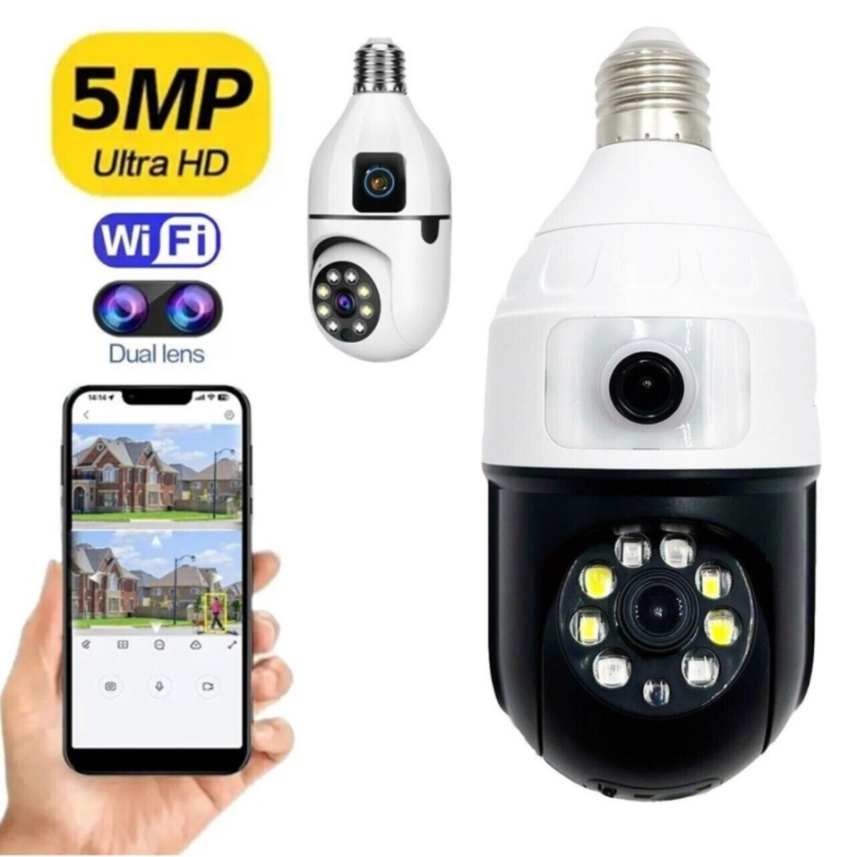Telecamera di sicurezza Wi-Fi a doppia lente Ultra HD da 5MP. Mostra la telecamera e un feed live sul telefono.