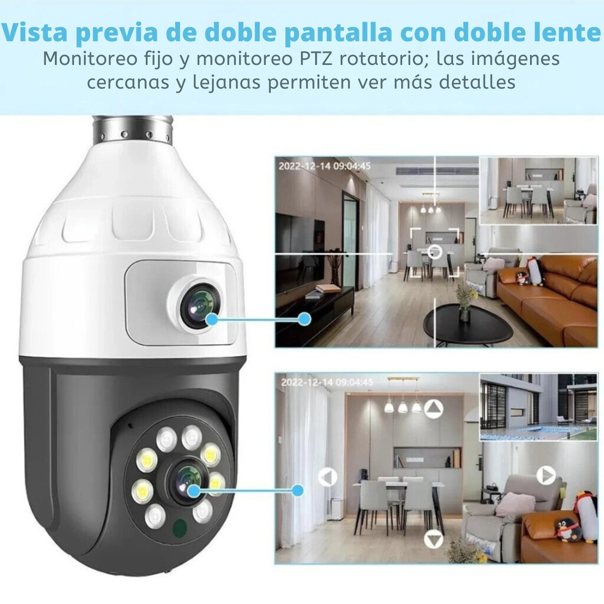 Una telecamera di sicurezza a forma di lampadina, con immagini di interni domestici.